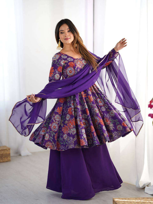 Women's Pure Romansilk Chanderi Printed Anarkali Kurti With Palazzo & Dupatta Set