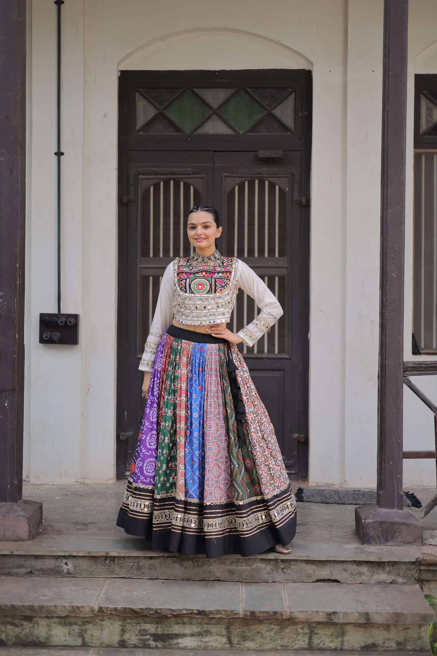 Cotton Printed Navratri Lehenga Choli Set with Gota & Mirror Lace