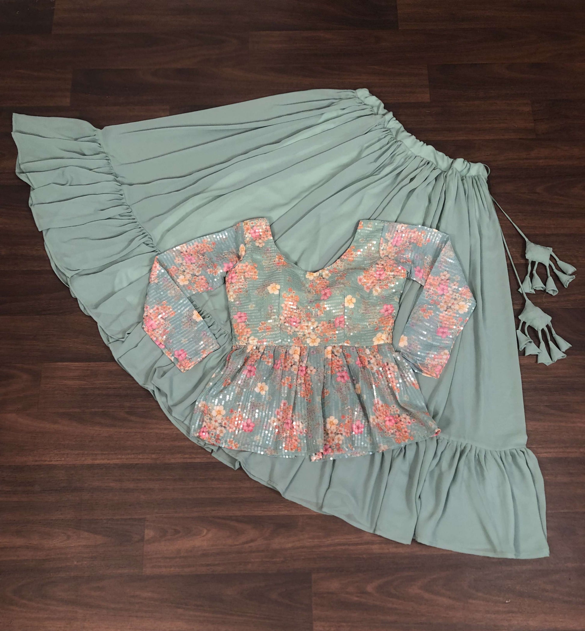 Premium Faux Georgette Lehenga with Floral Print & Sequins Embroidered Blouse