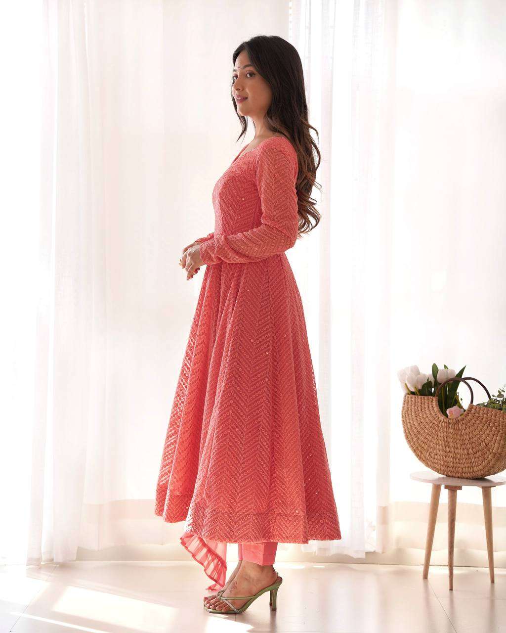 Womens Pure Romansilk Chanderi Embroidered Anarkali Kurti With Dupatta & Pant Set