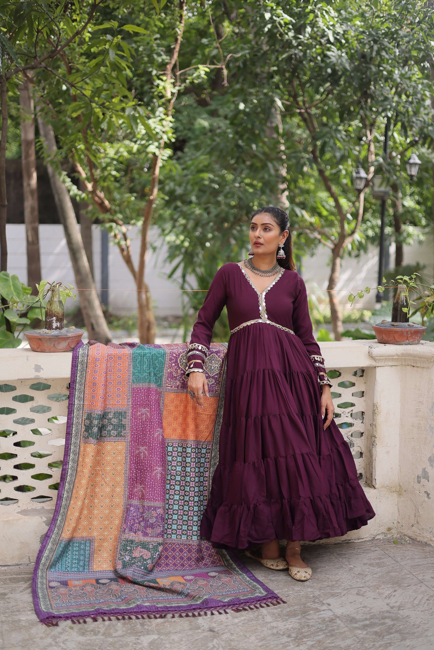 Wine Gown with Dupatta – Frill Stitching & Mirror Lace Work Ethnic Set for Women