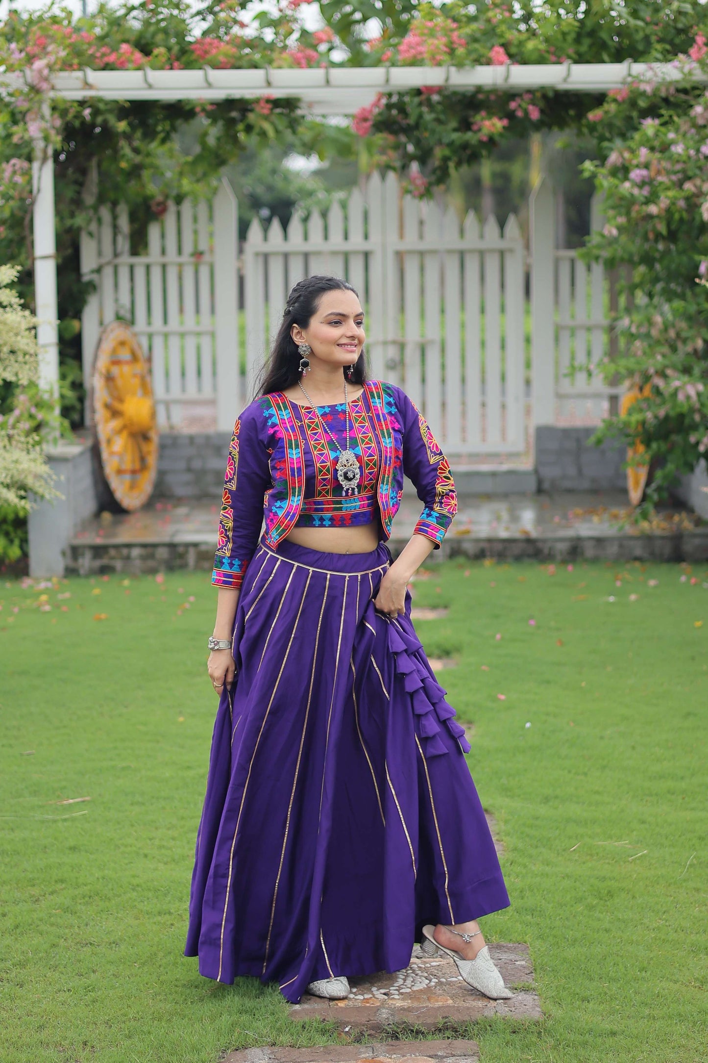 Vibrant Roman Fabric Navratri Lehenga Choli Set with Koti Blouse