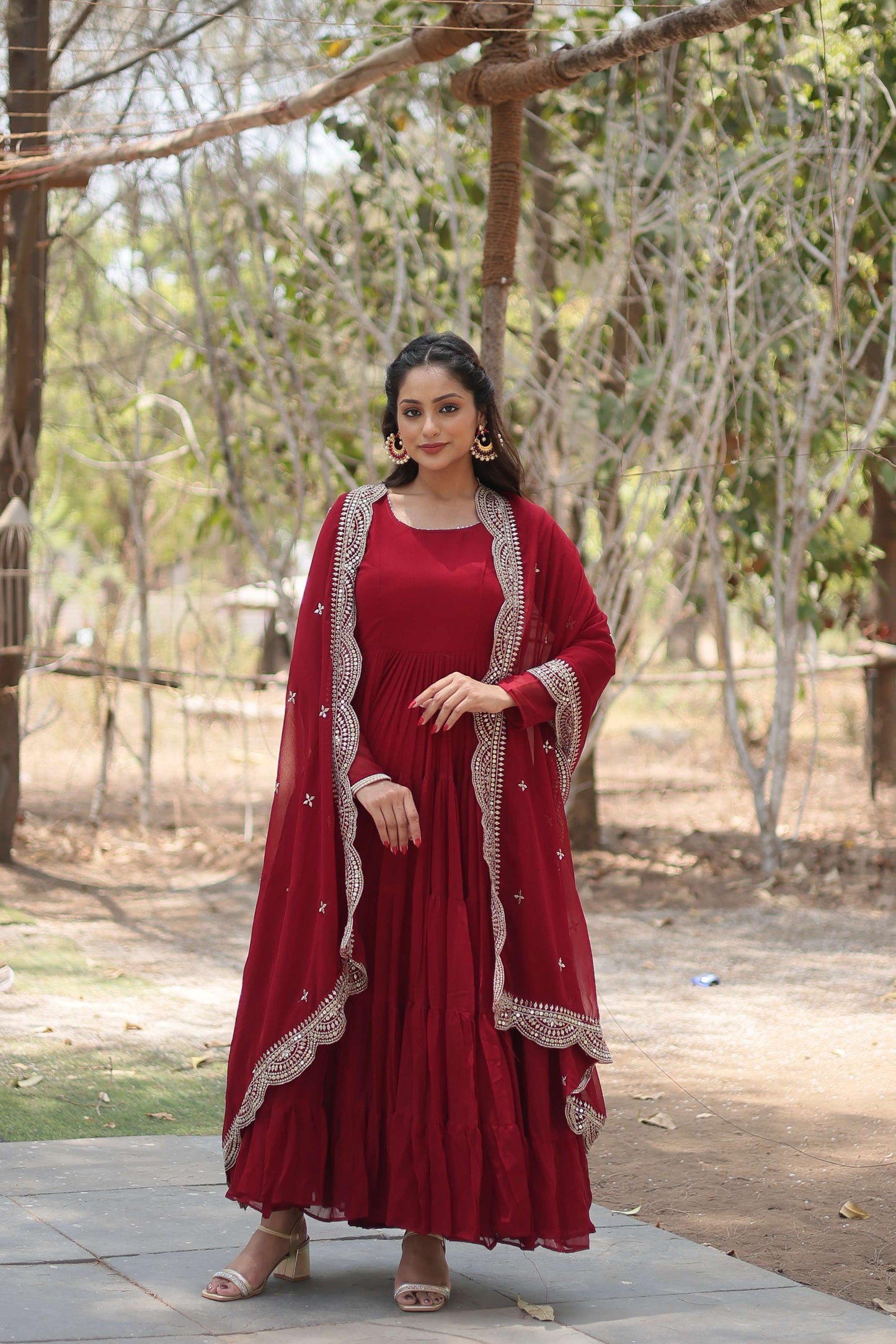 Maroon Premium Faux Georgette Designer Gown with Sequined Dupatta  Fully Flaired Ready-to-Wear Set