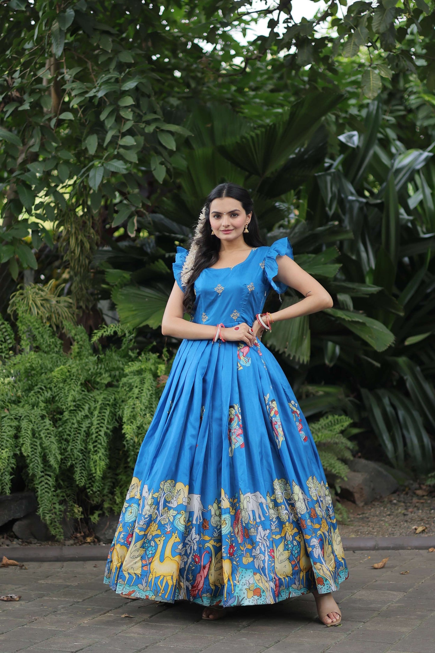 SKY Dola Silk Designer Gown  Sleeveless Fancy Round Neck Printed Womens Dress