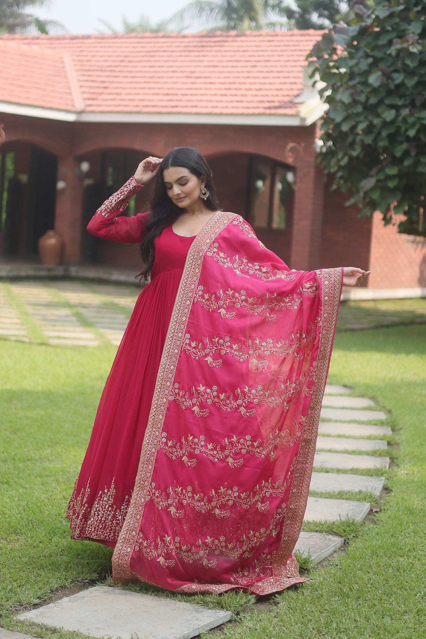 Pink Faux Blooming Designer Gown with Sequined Dupatta  Elegant Fully Flared Party & Wedding Set