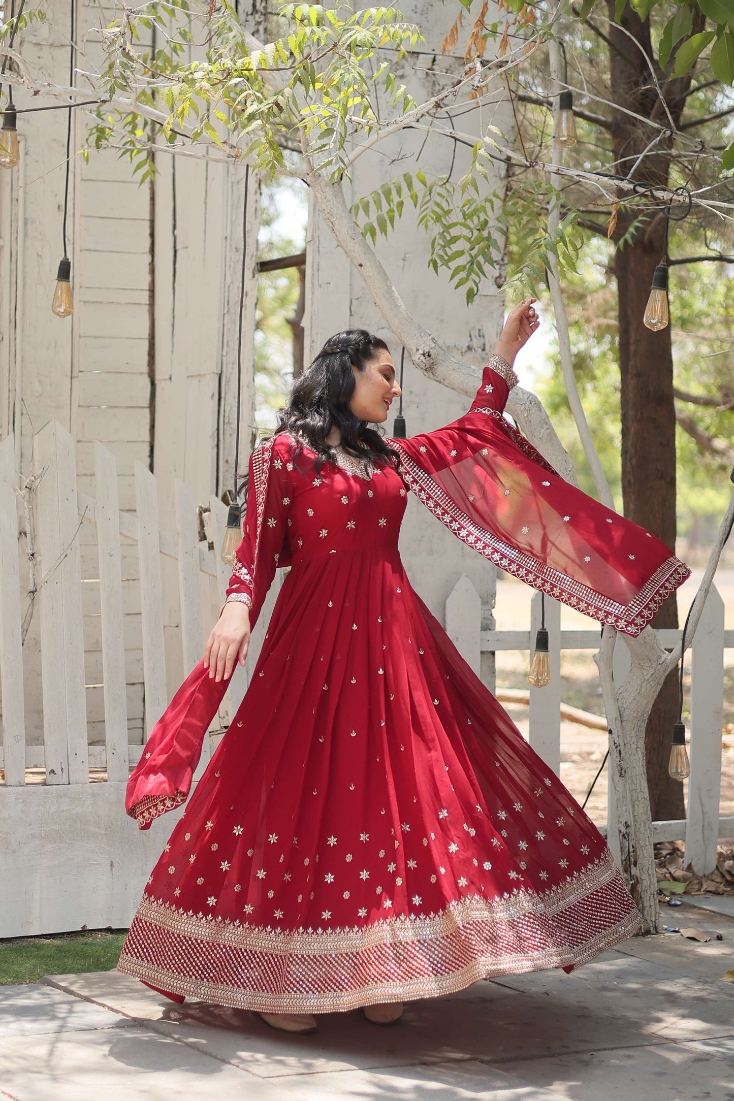 Maroon Designer Faux Blooming Anarkali Gown with Sequins Embroidered Dupatta  Wedding & Festive Wear