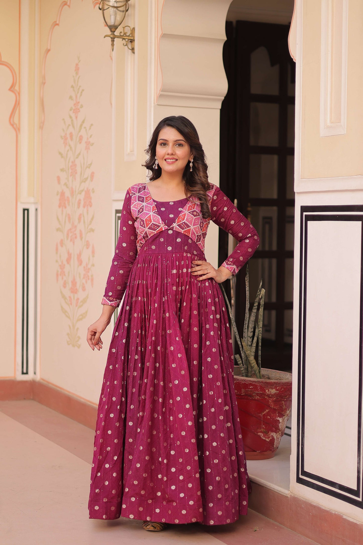 Wine Premium Position Print Choli Gown – Ready-to-Wear Ethnic Collection