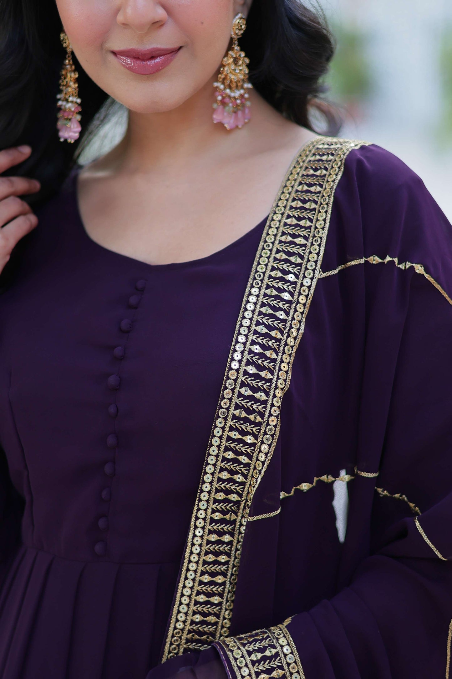 Wine Faux Blooming Gown with Multi-Sequins Embroidered Dupatta