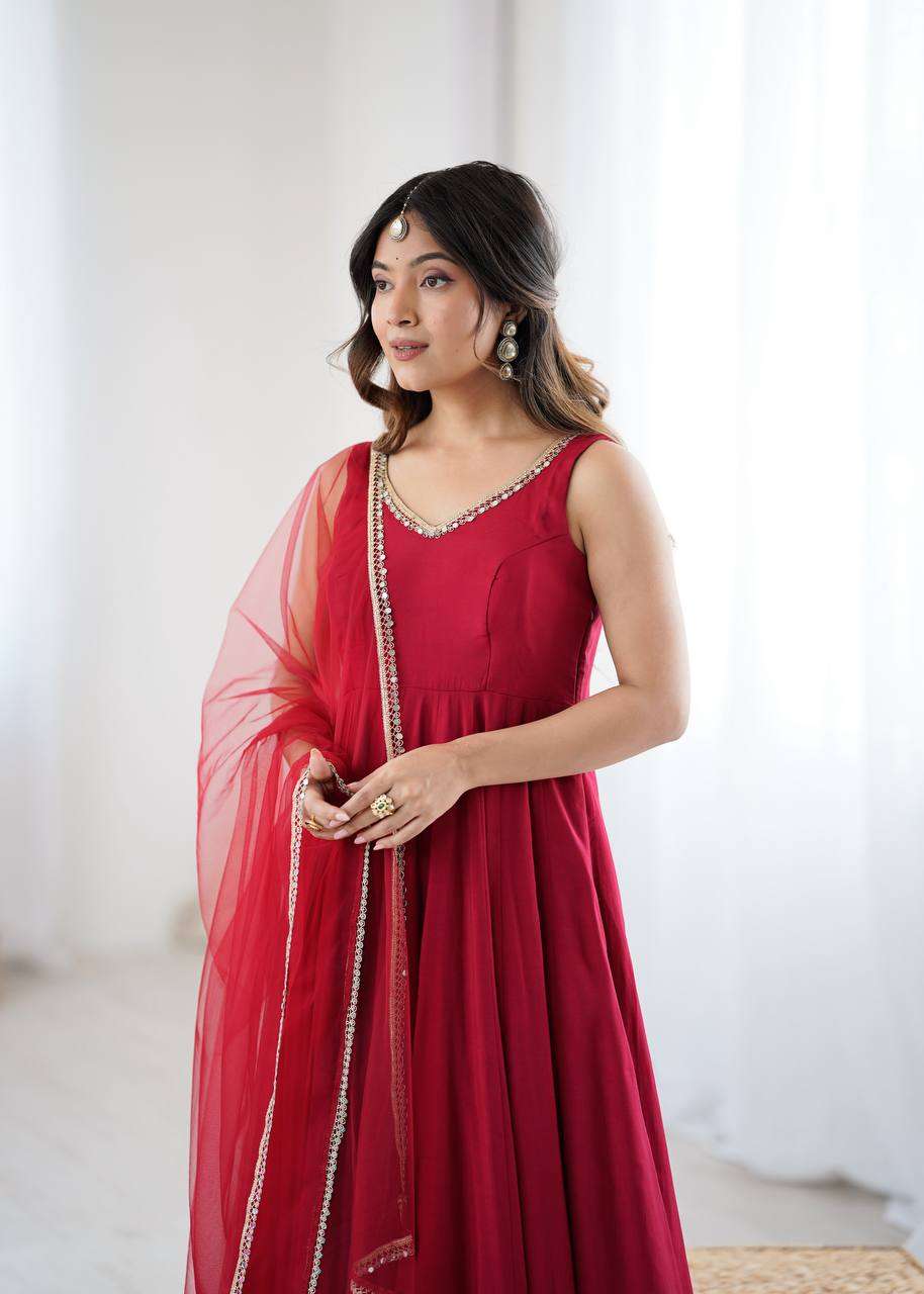 Womens Pure Romansilk Chanderi Anarkali Kurti with Pant & Dupatta Set