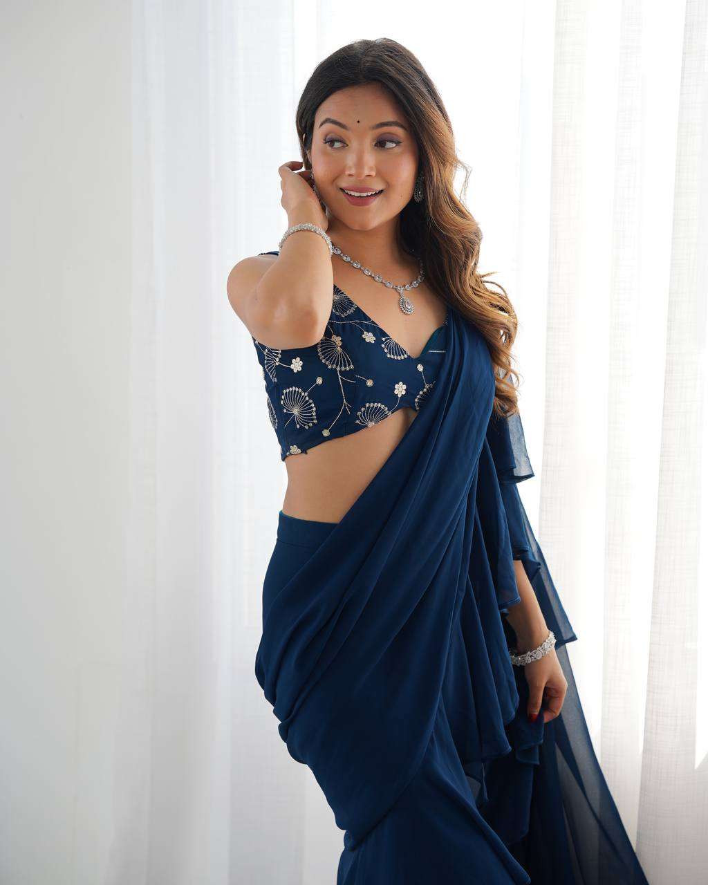 Women's Pure Romansilk Chanderi Embroidered Crop Top With Ruffled Sharara & Draped Dupatta Set