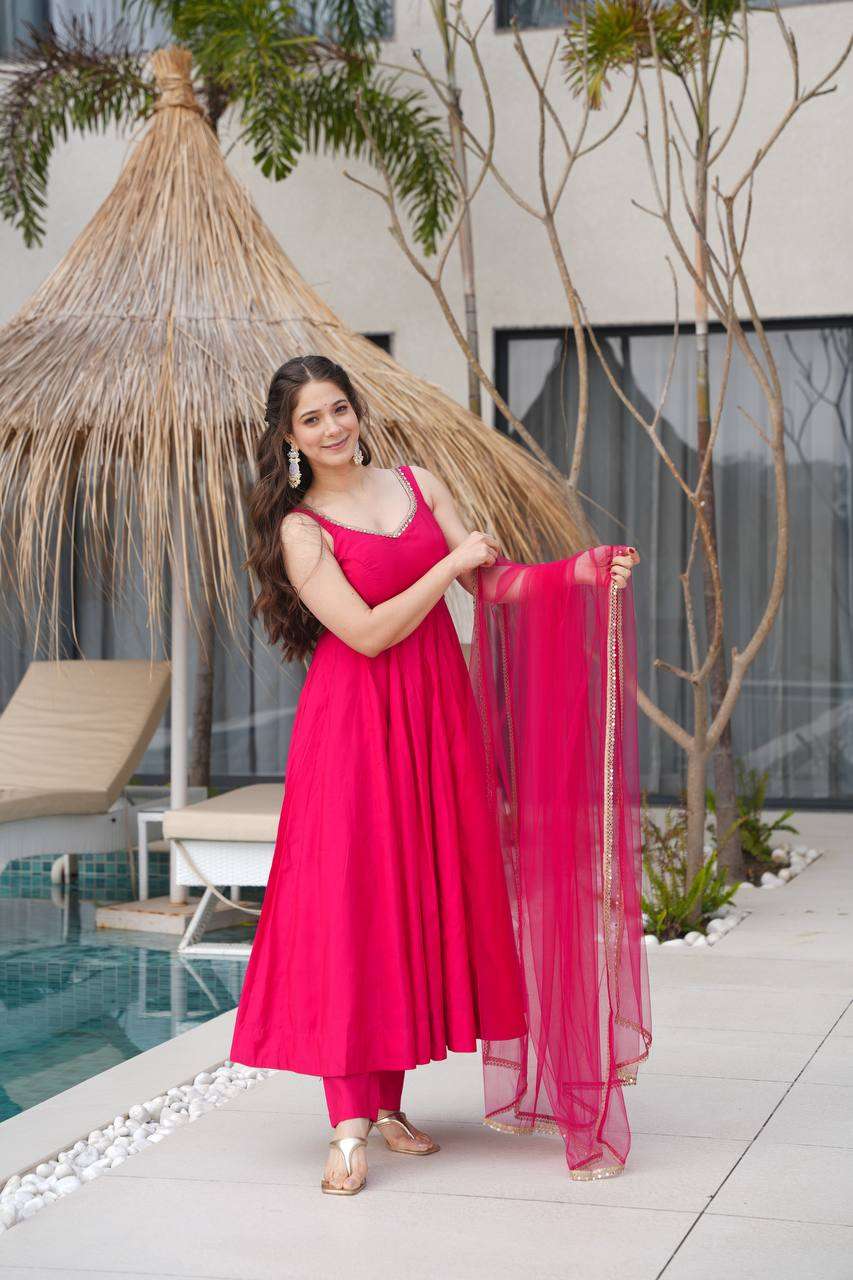 Womens Pure Romansilk Chanderi Anarkali Kurti with Pant & Dupatta Set