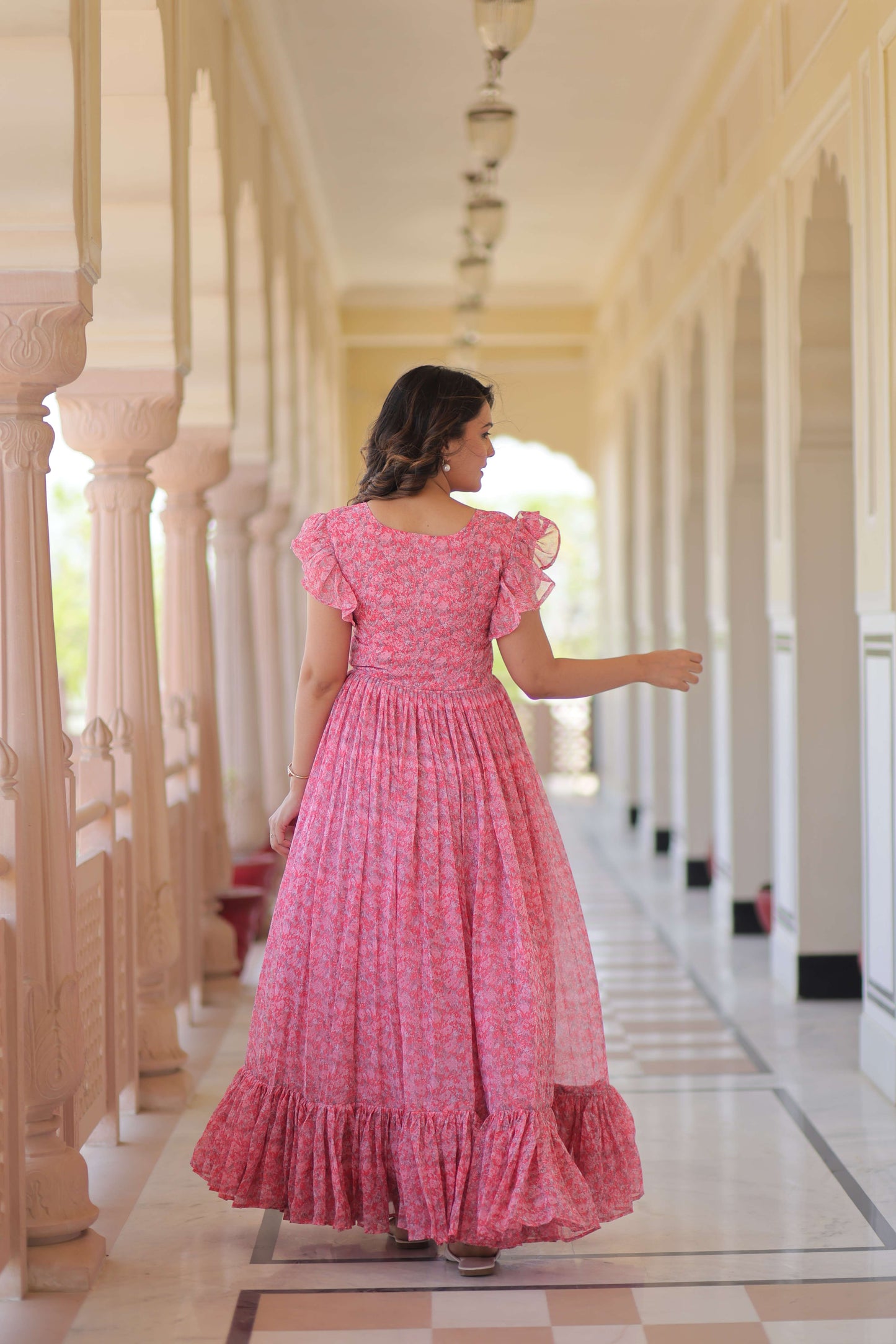Pink Premium Faux Georgette Printed Gown – Full Flared Ethnic Wear