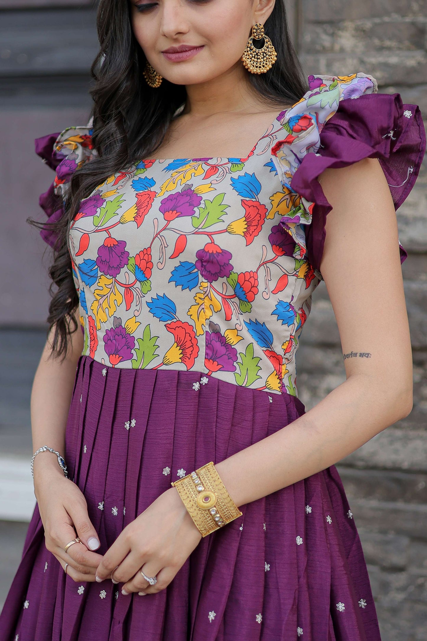 Wine Maslin & Chinon Designer Gown with Embroidery  Elegant Ready-to-Wear Womens Dress