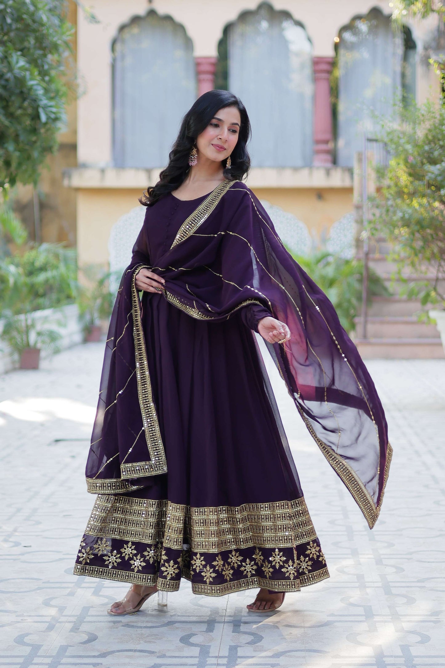 Wine Faux Blooming Gown with Multi-Sequins Embroidered Dupatta