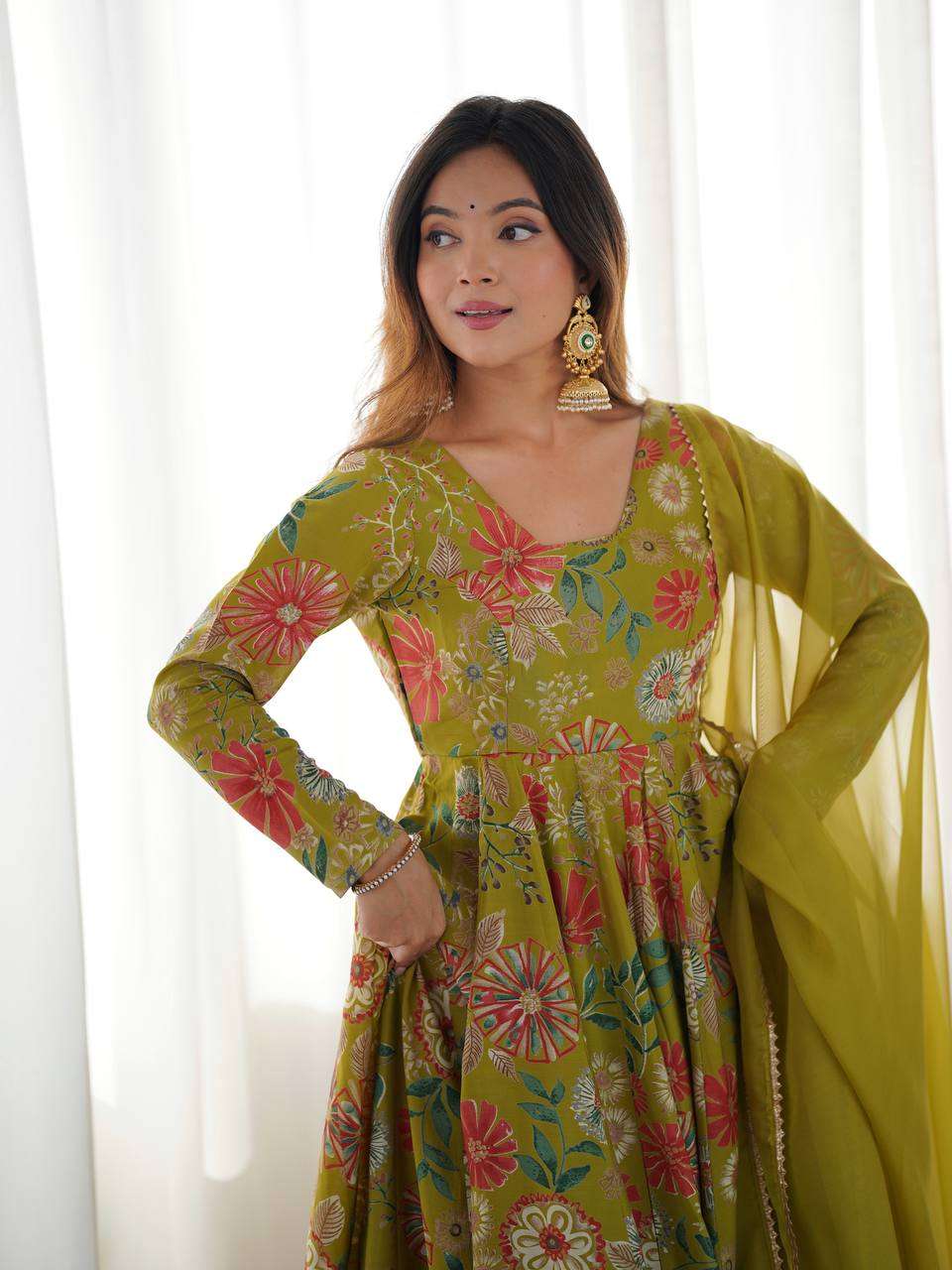 Women's Pure Romansilk Chanderi Printed Anarkali Kurti With Palazzo & Dupatta Set