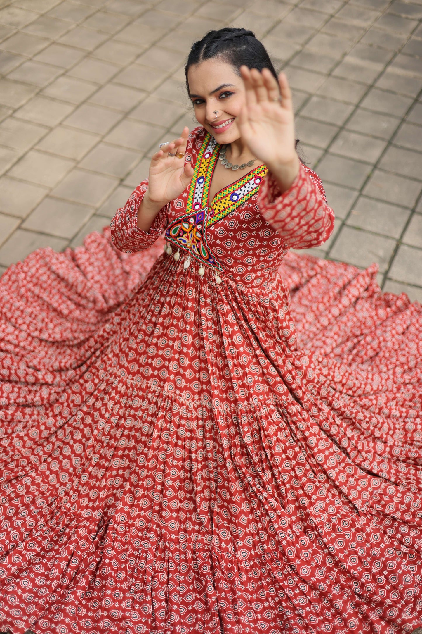 Maroon Designer Printed Cotton Gown with Kutchi Gamthi Lace & Kodi Work