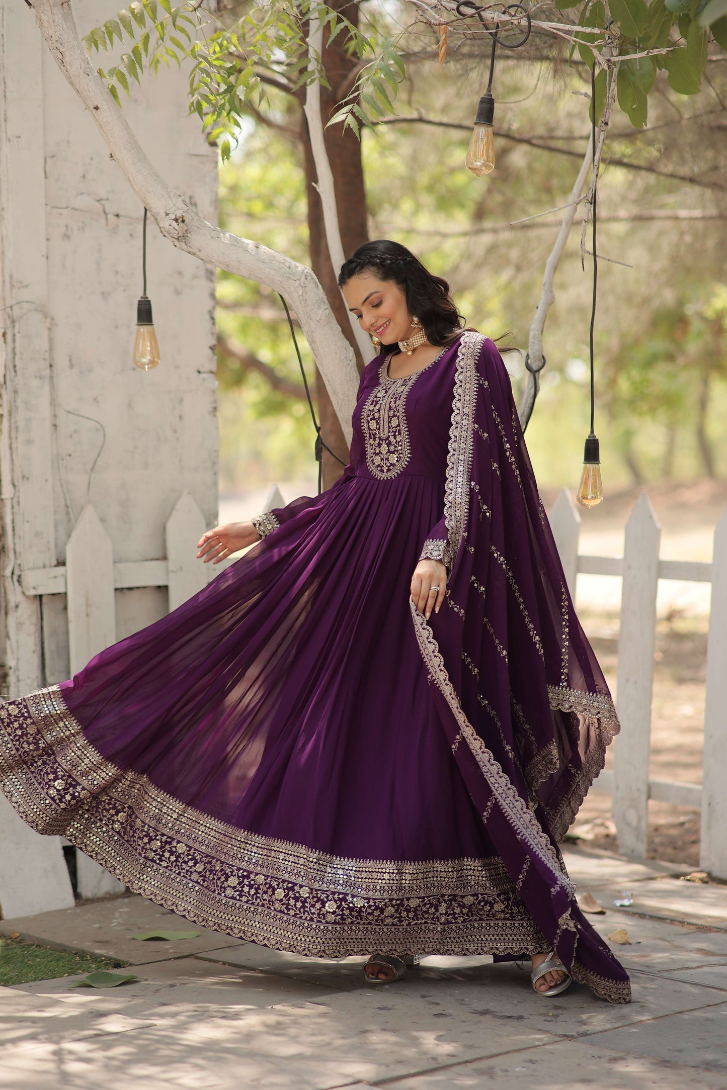 Purple Faux Blooming Sequins Embroidered Gown with Matching Dupatta  Festive & Party Wear 2024