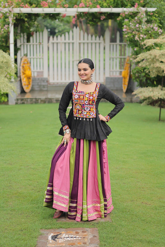 Multicolor Navratri Lehenga Choli Set with Black Peplum Top