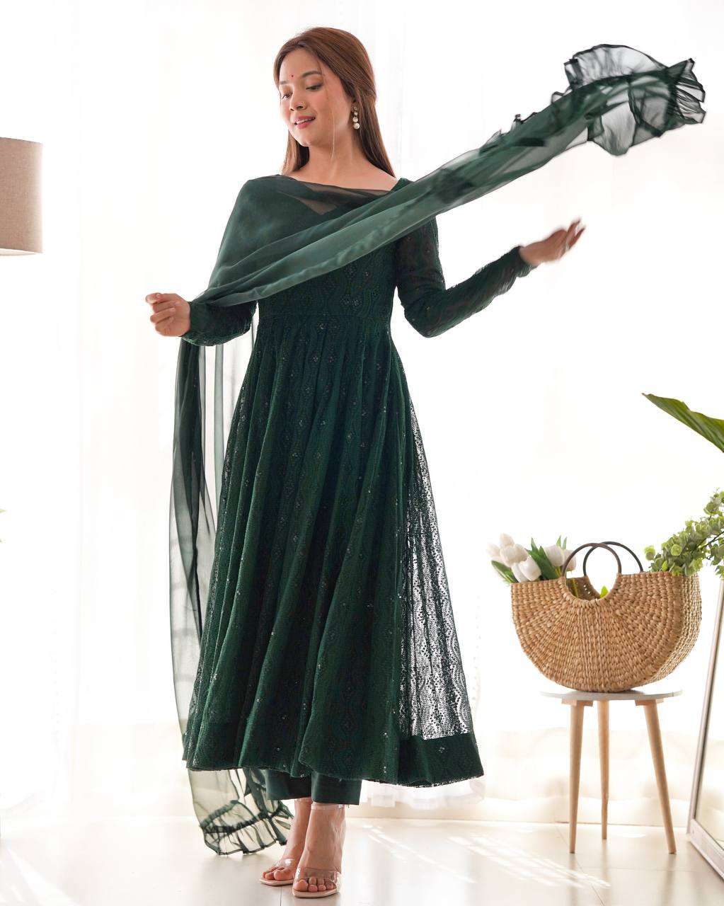 Womens Pure Romansilk Chanderi Embroidered Anarkali Kurti With Dupatta & Pant Set