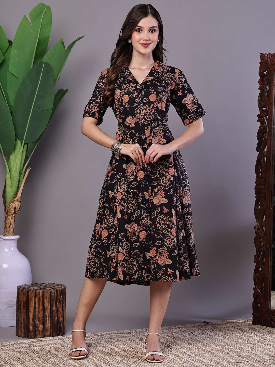 Women's Chic Black & Rust Floral Print Button-Front Midi Dress
