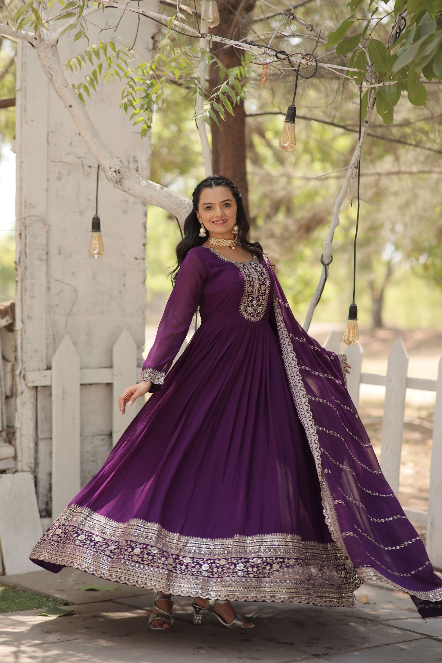 Purple Faux Blooming Sequins Embroidered Gown with Matching Dupatta  Festive & Party Wear 2024