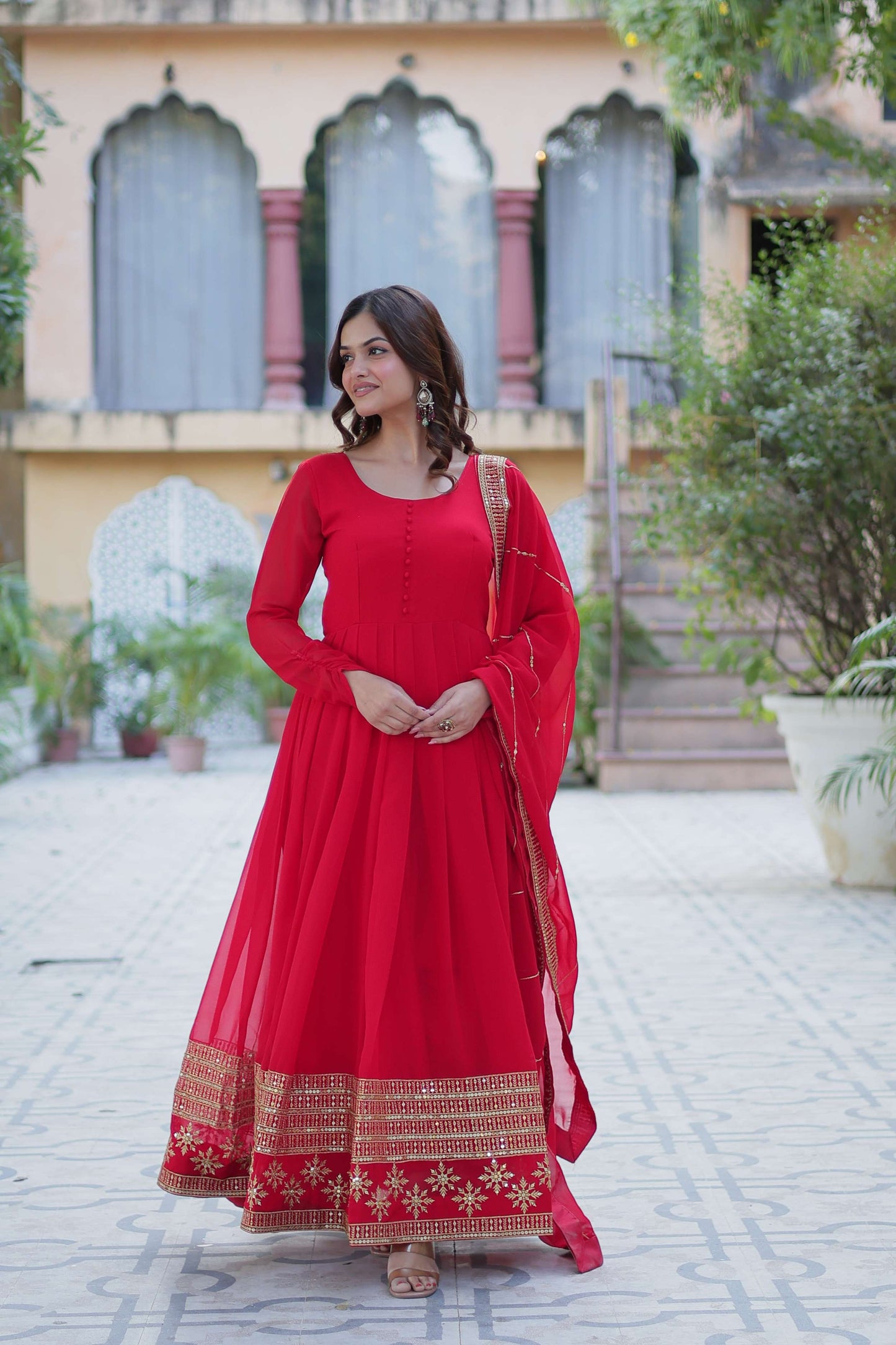 Red Faux Blooming Gown with Multi-Sequins Embroidered Dupatta