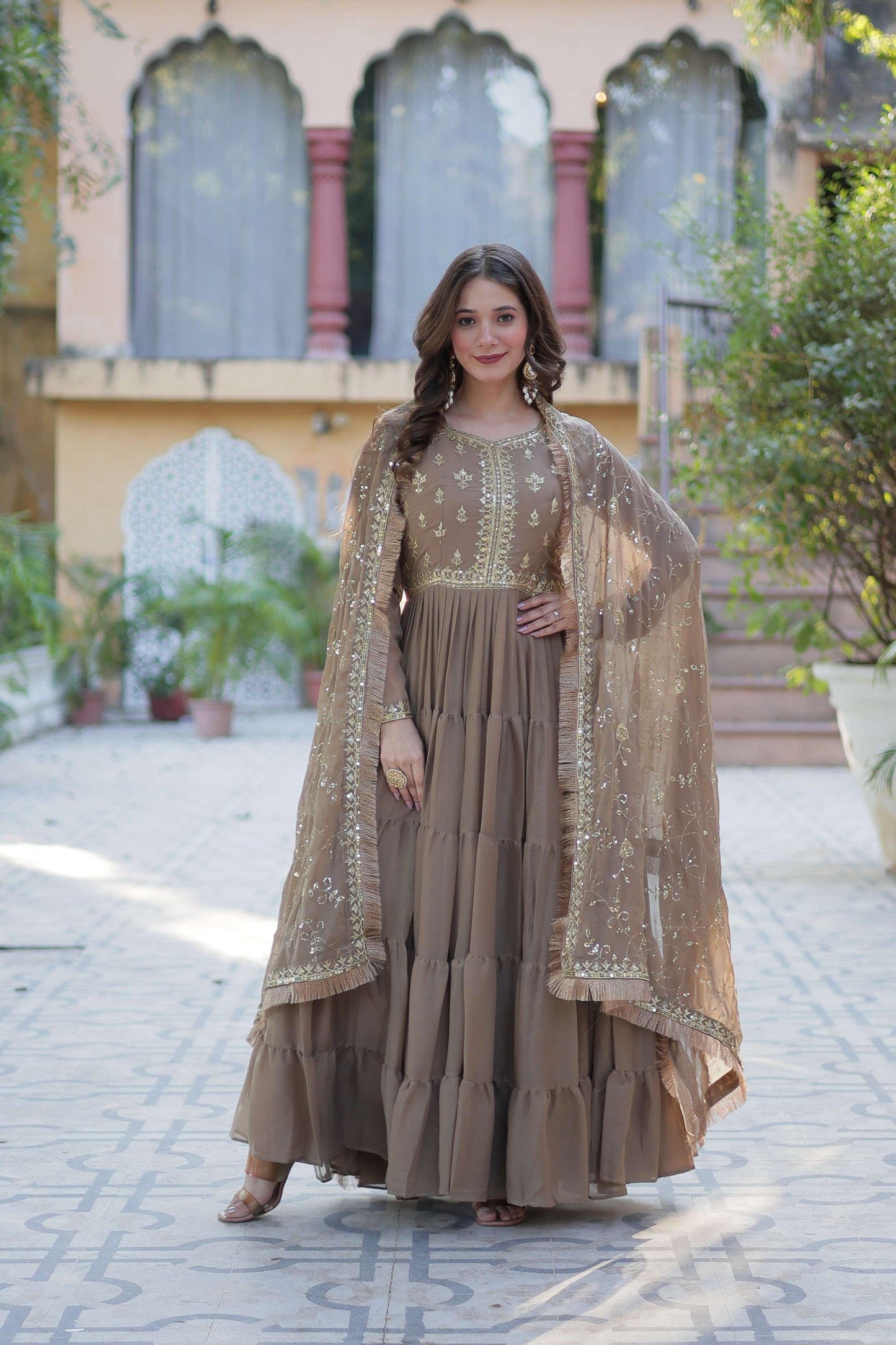 Beige Star Georgette Fully Flared Gown with Sequins Embroidered Dupatta & Lace Border