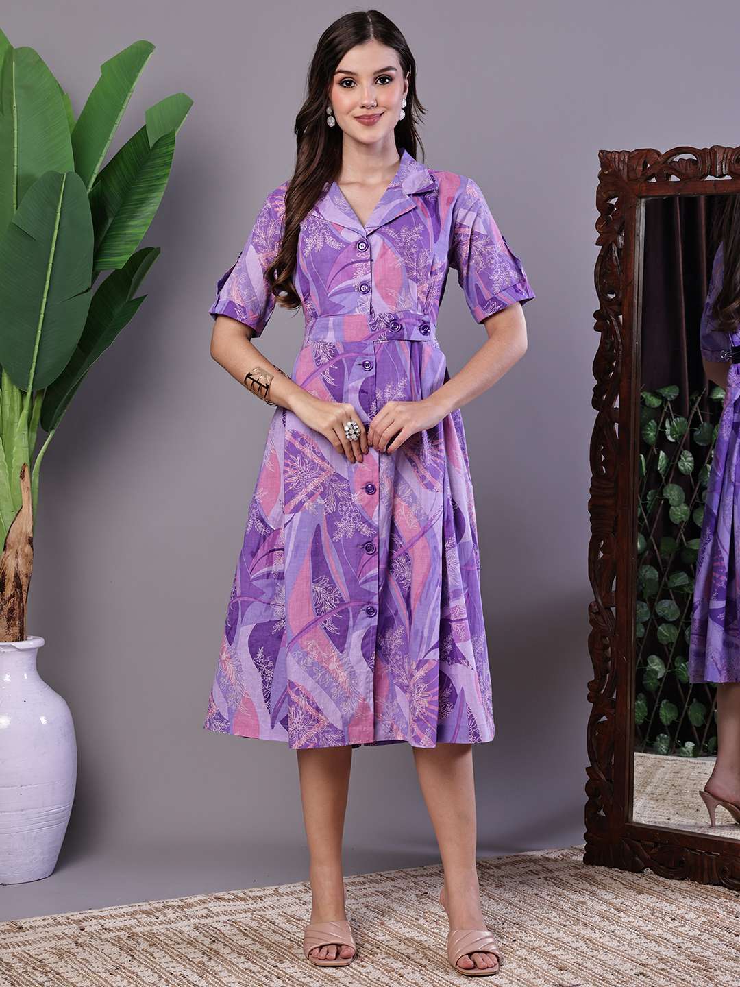 Women's Purple Abstract Print Cotton Shirt Dress