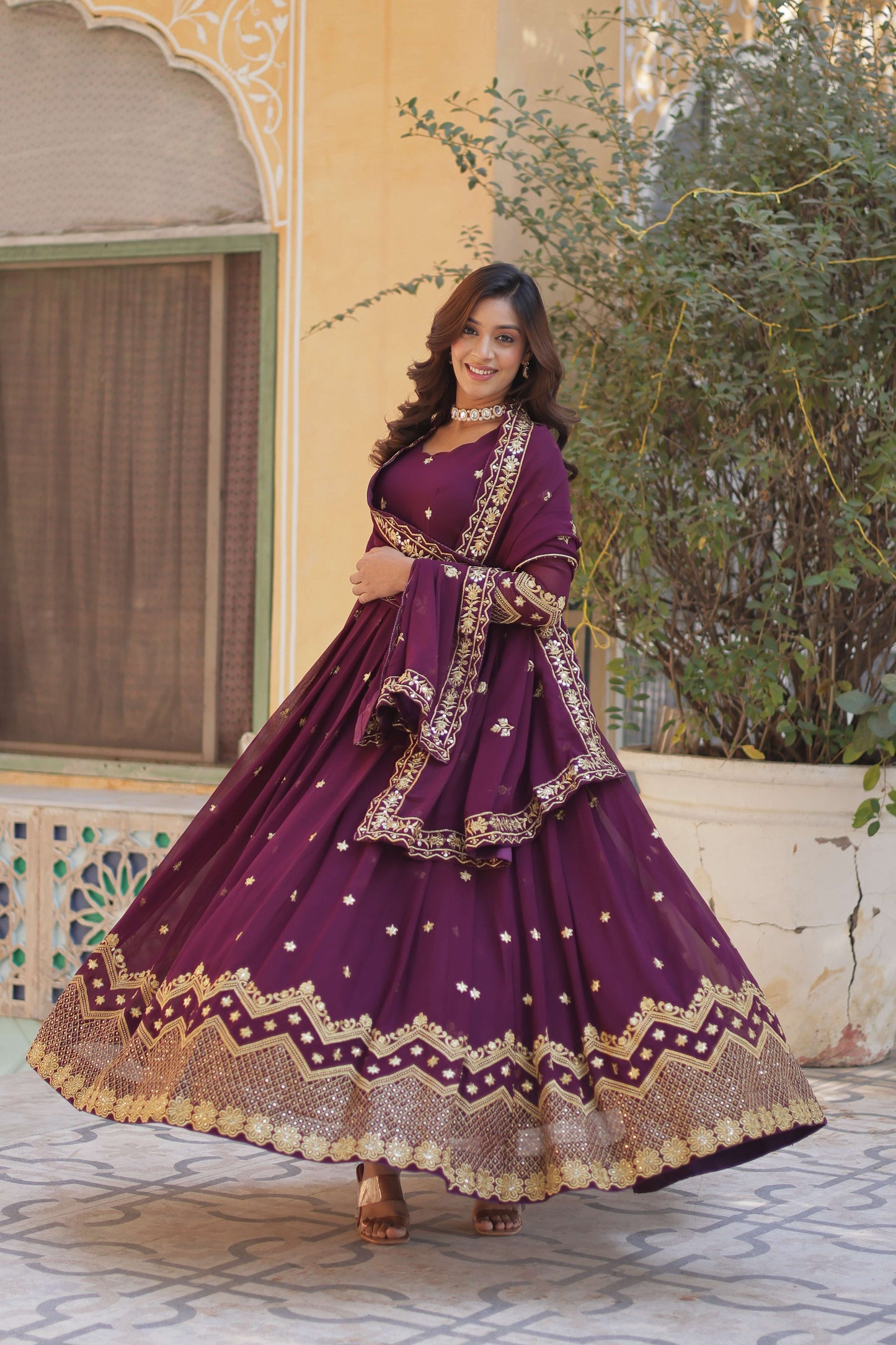 Wine Faux Blooming Georgette Designer Gown with Zari & Sequins Embroidered Dupatta