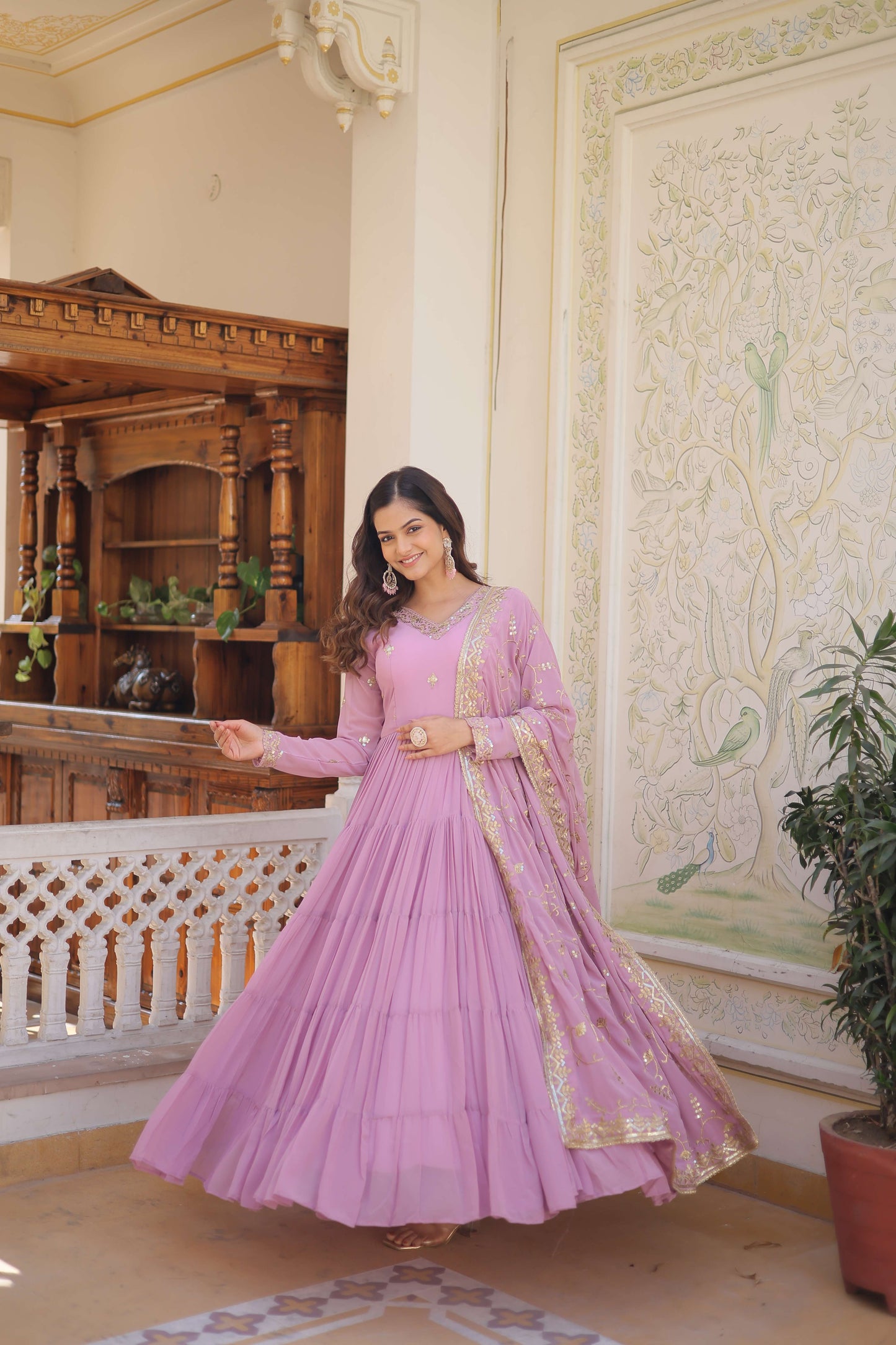 Purple Faux Georgette Designer Gown with Sequined Dupatta  Fully Flared Elegant Ready-to-Wear Set