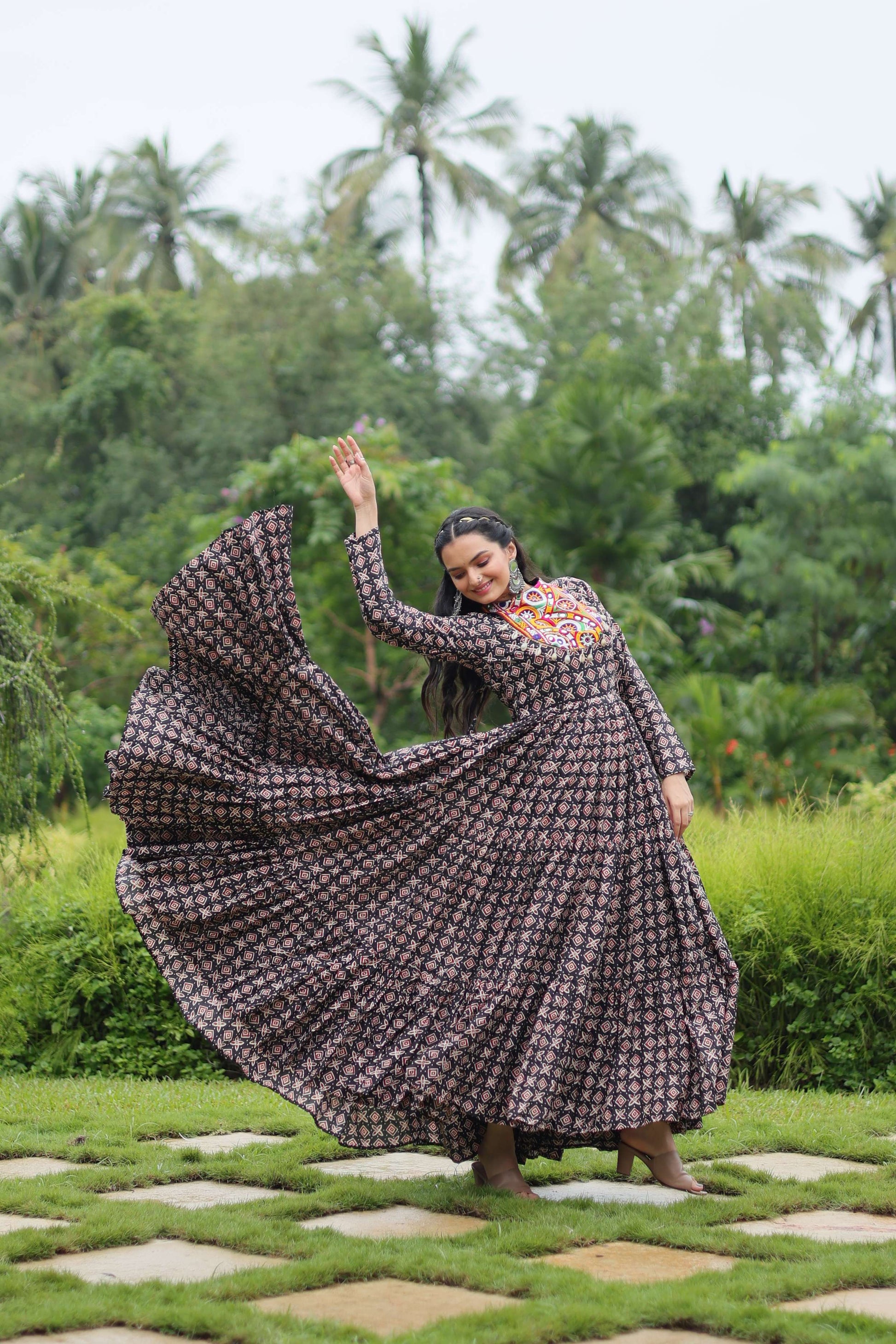 Black Designer Printed Cotton Gown with Kutchi Gamthi Lace & Kodi Work  Maroon