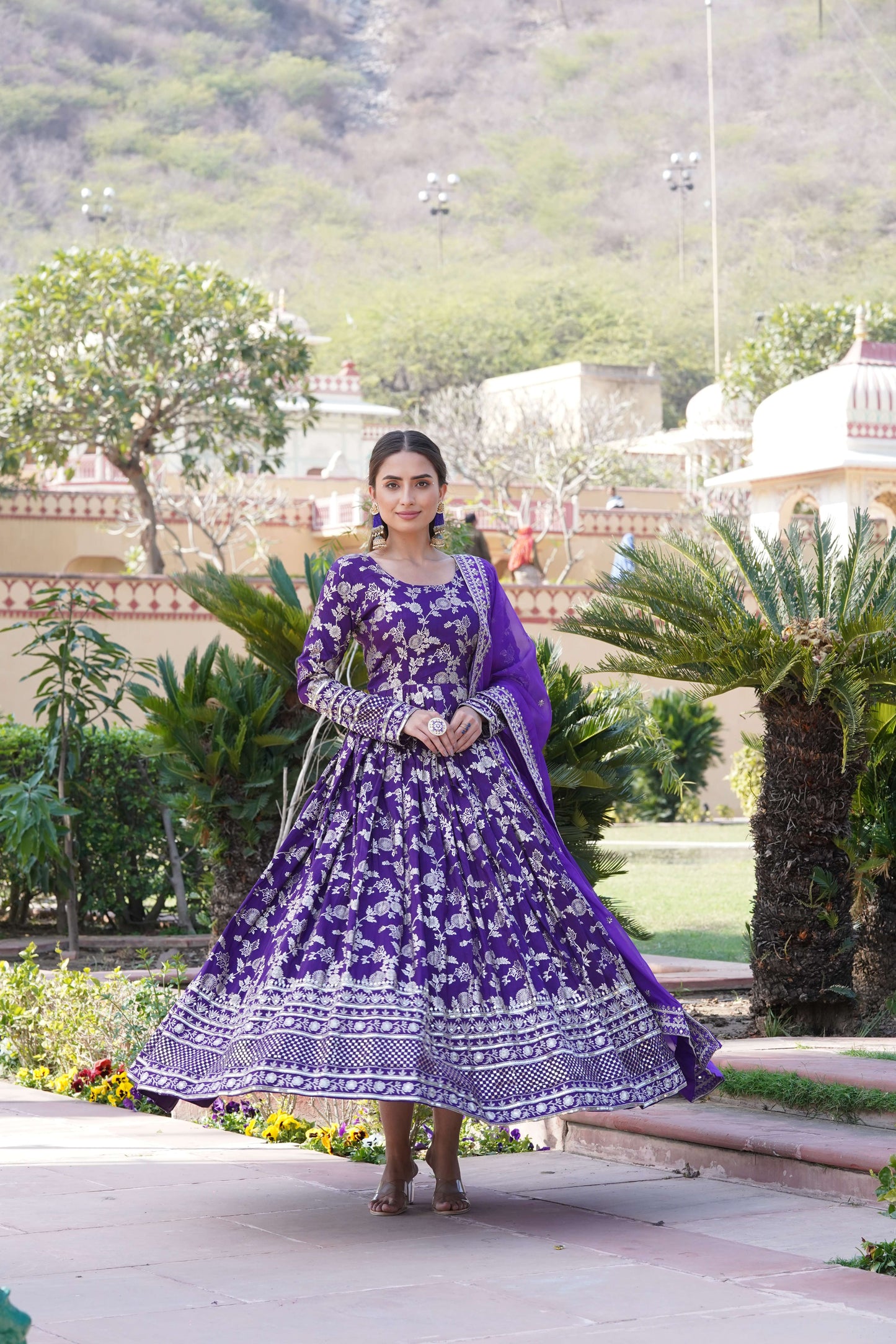 Purple Viscose Dyable Jacquard Gown with Russian Silk Sequined Dupatta  Elegant Party & Wedding Set
