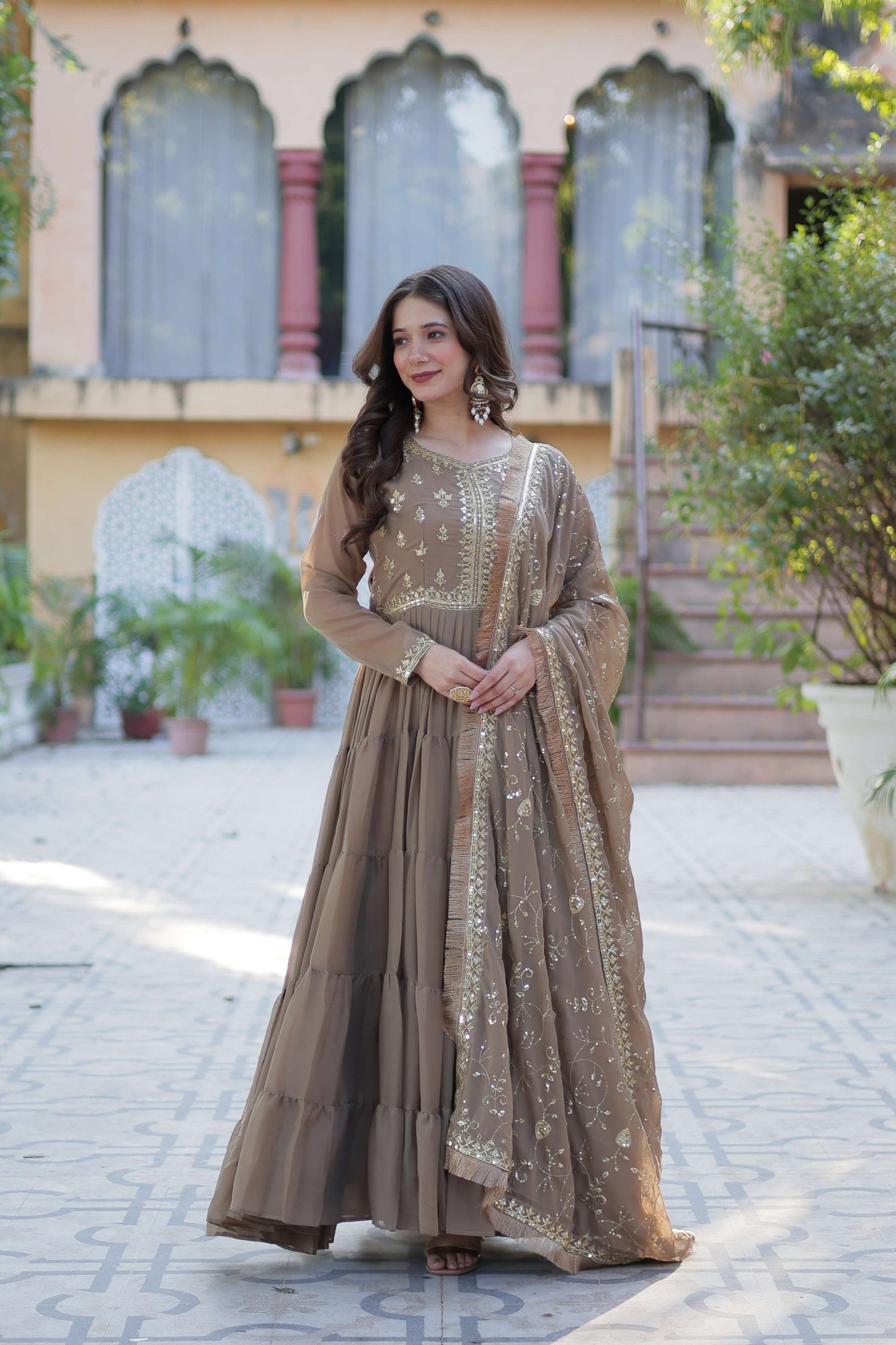 Beige Star Georgette Fully Flared Gown with Sequins Embroidered Dupatta & Lace Border
