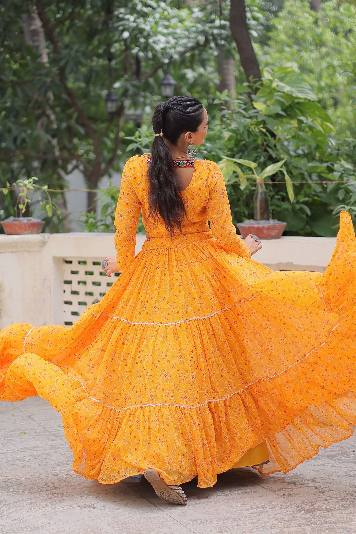 Faux Georgette Bandhej Frilled Navratri Lehenga Choli Set