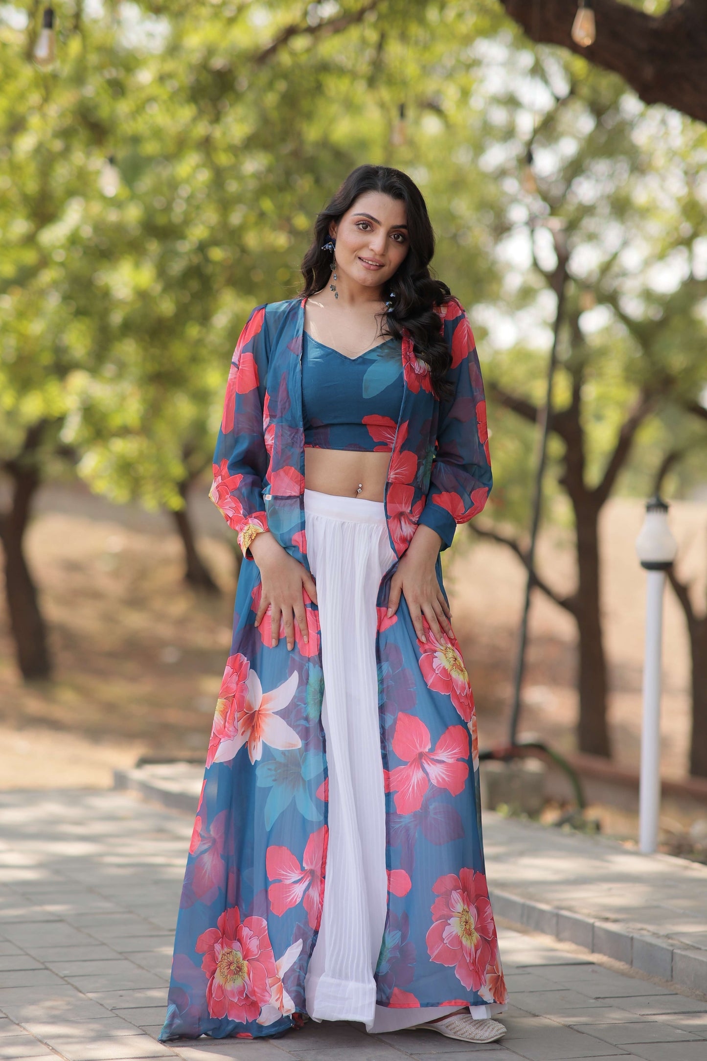 Faux Georgette Lehenga Choli with Digital Flower Print Shrug