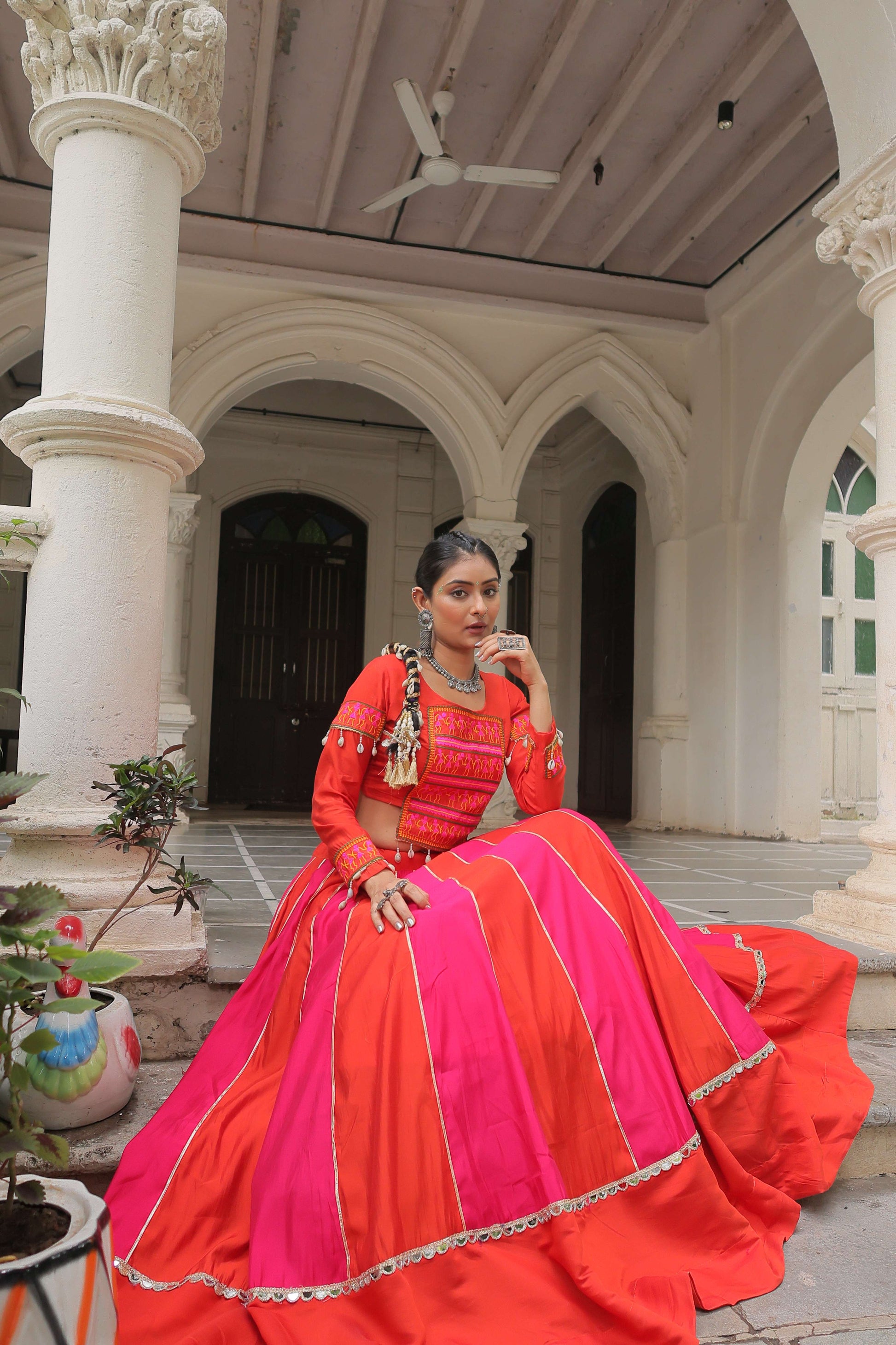 Roman Fabric Mirror-Embellished Navratri Lehenga Choli Set
