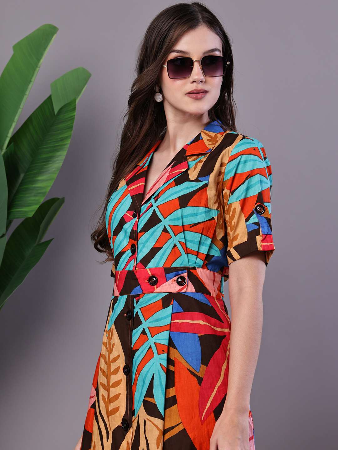Women's Leaf Print Button-Down Cotton Midi Dress