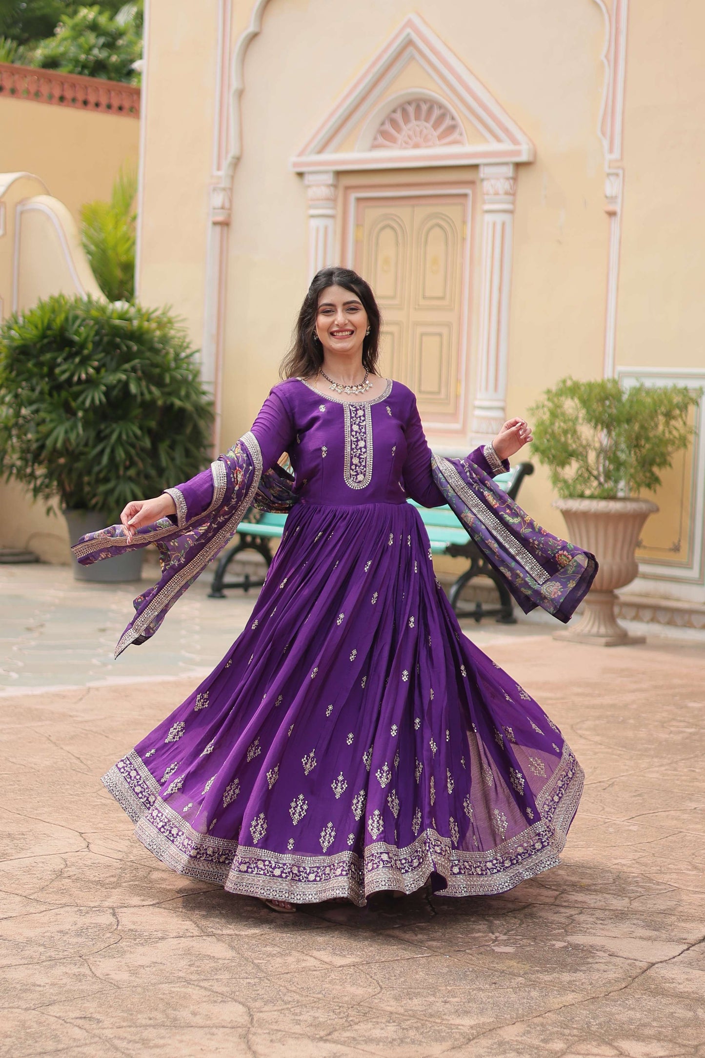 Purple Designer Chinon Sequins Embroidered Gown with Kalamkari Silk Dupatta