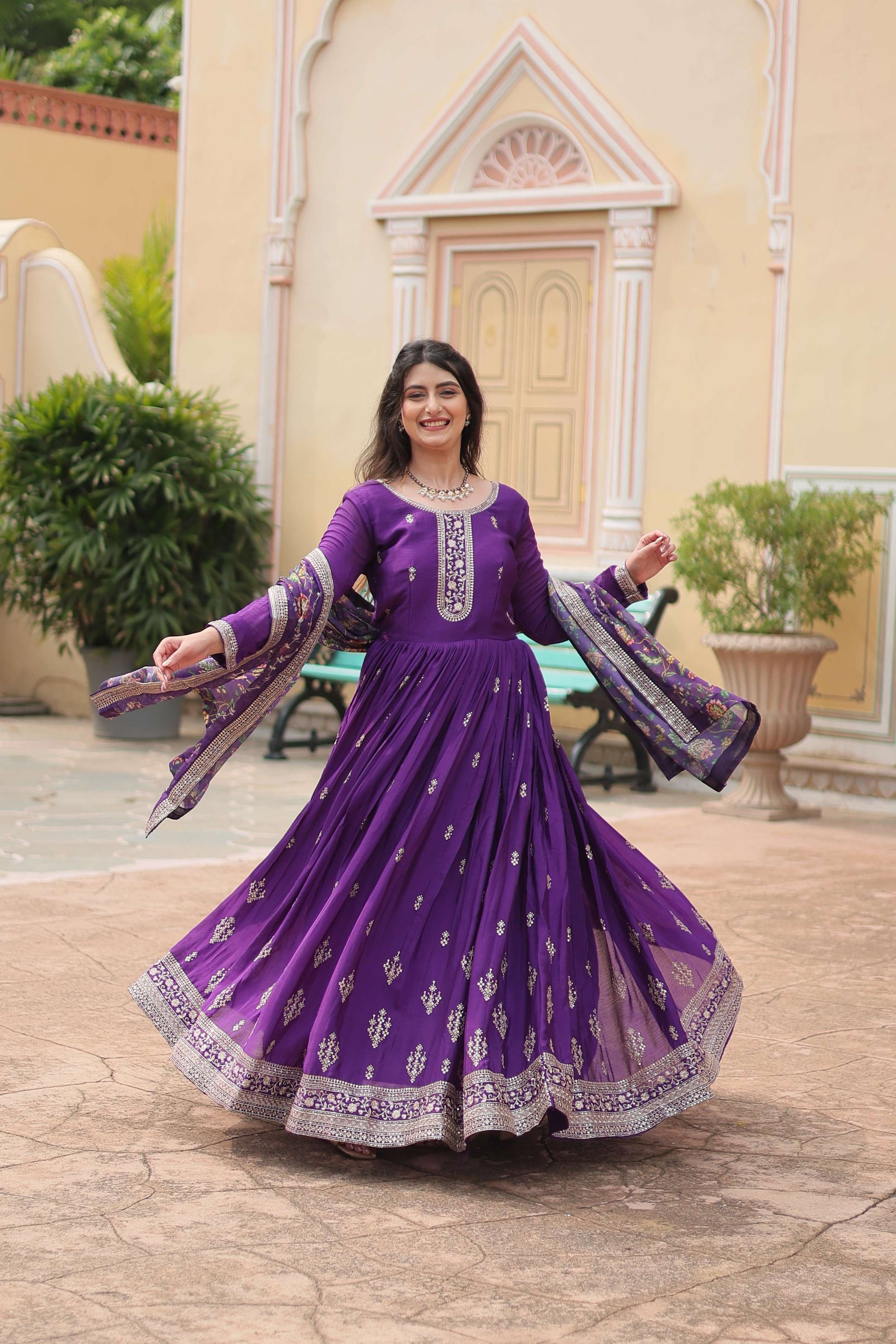 Purple Designer Chinon Sequins Embroidered Gown with Kalamkari Silk Dupatta