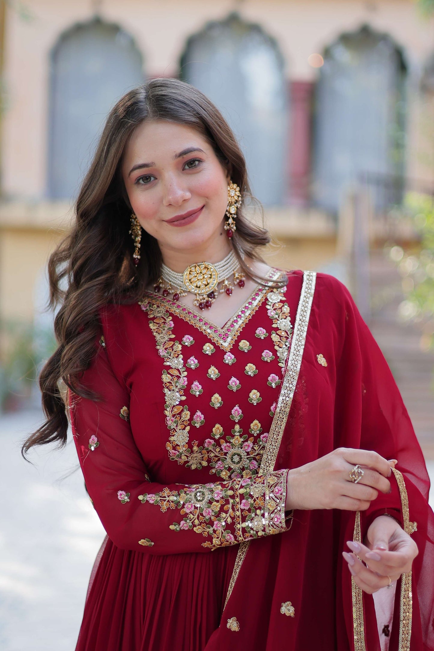 Maroon Faux Blooming Georgette Sequins Embroidered Gown with Matching Dupatta