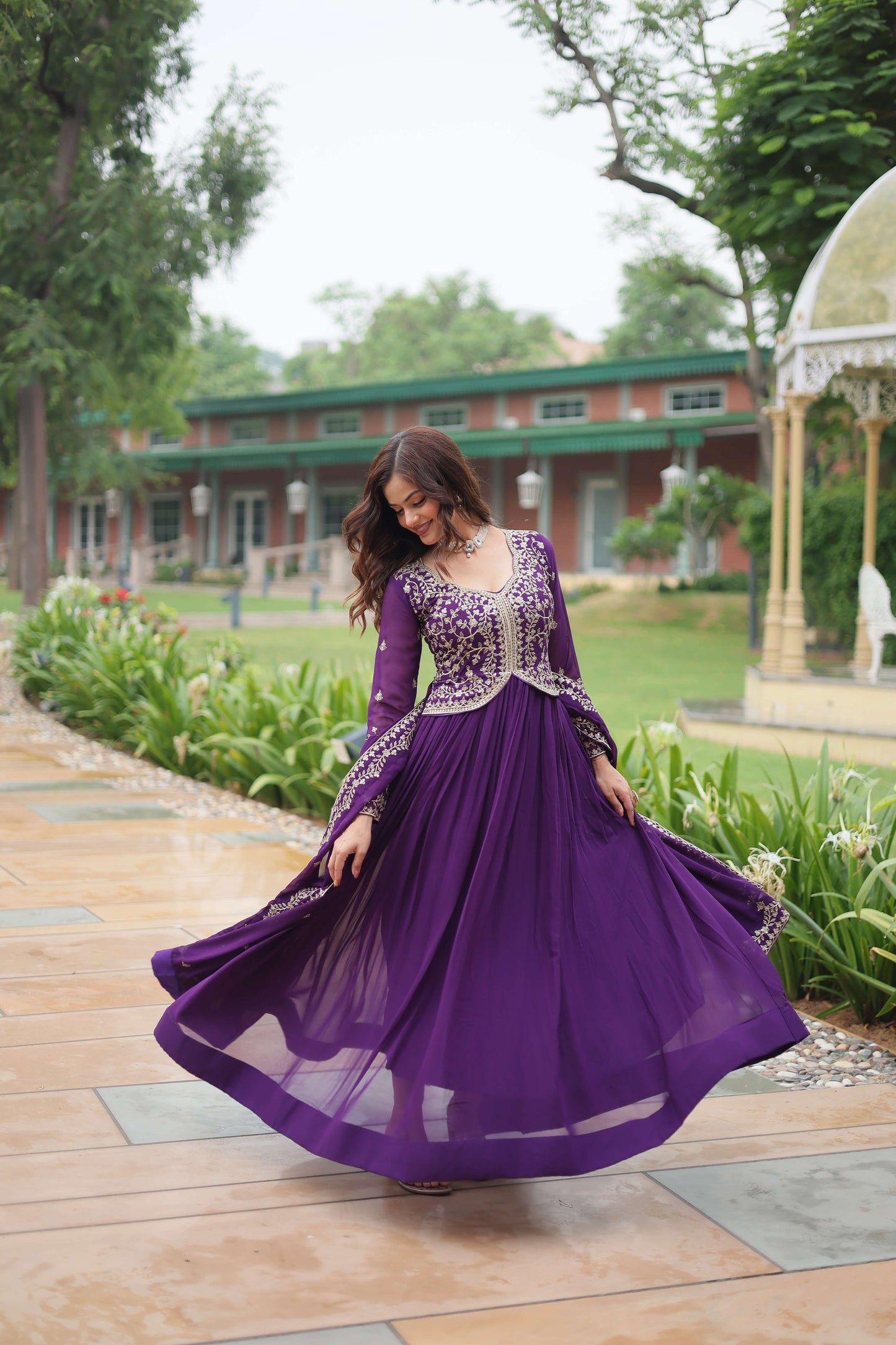 Purple Faux Blooming Sequins & Zari Embroidered Gown with Matching Dupatta