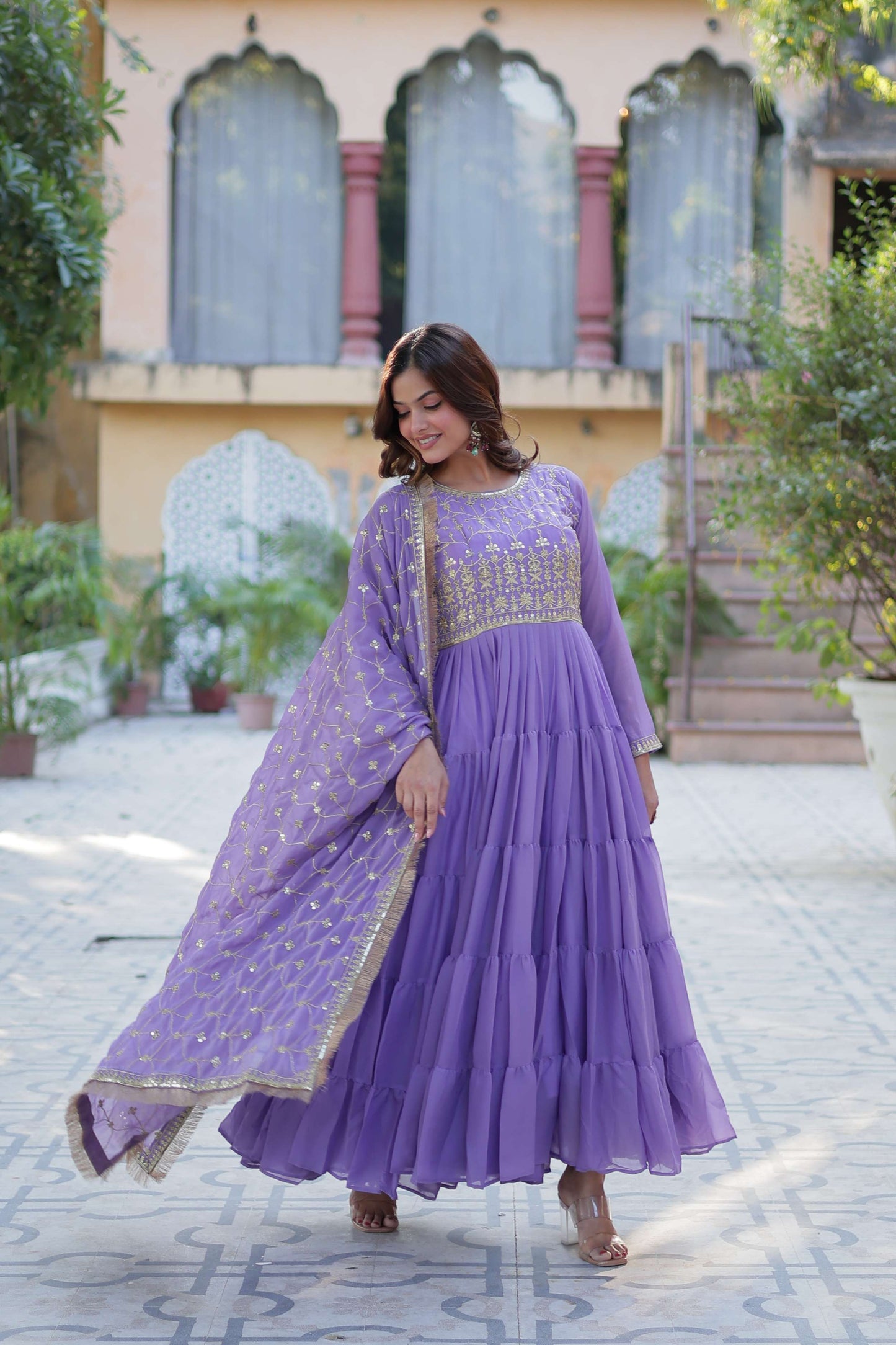 Purple Star Georgette Fully Flared Gown with Sequins Embroidered Dupatta & Lace Border