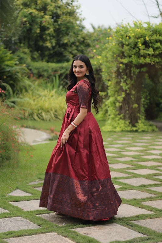 Maroon Banarasi Jacquard Silk Gown  Elegant Free-Size Designer Party & Wedding Wear