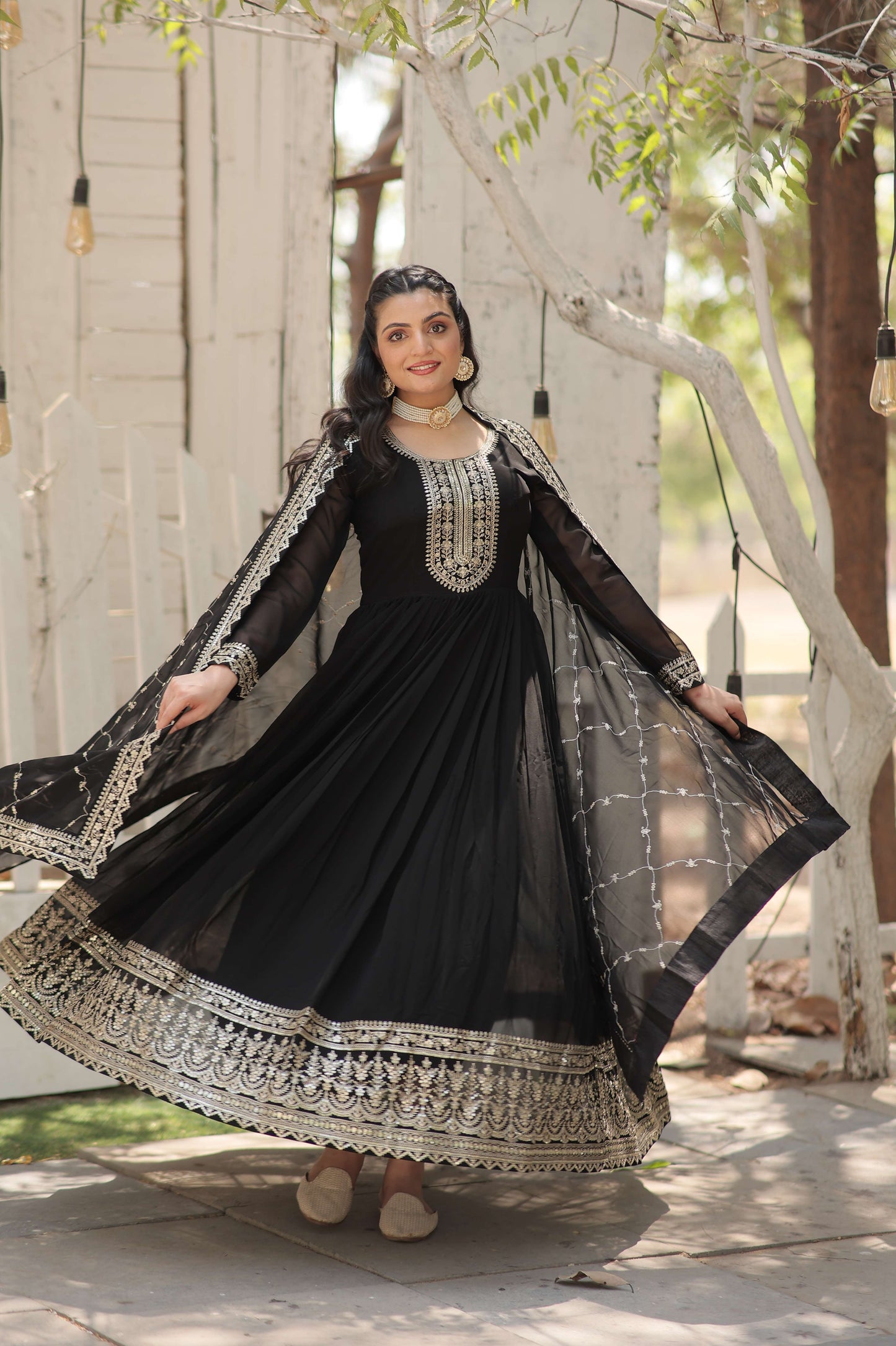 Black Faux Blooming Sequins Embroidered Gown with Matching Dupatta  Festive & Party Wear 2024