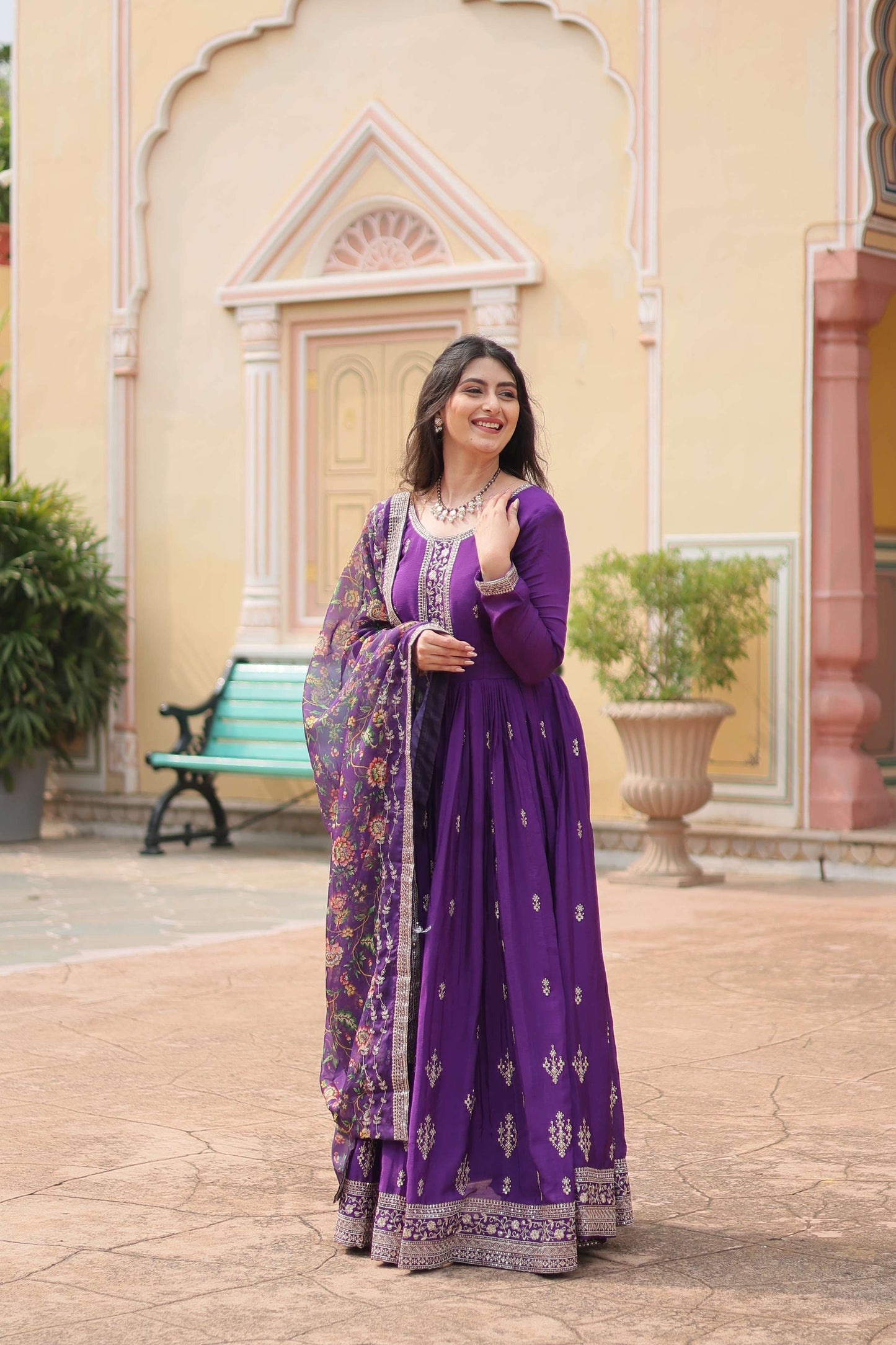 Purple Designer Chinon Sequins Embroidered Gown with Kalamkari Silk Dupatta