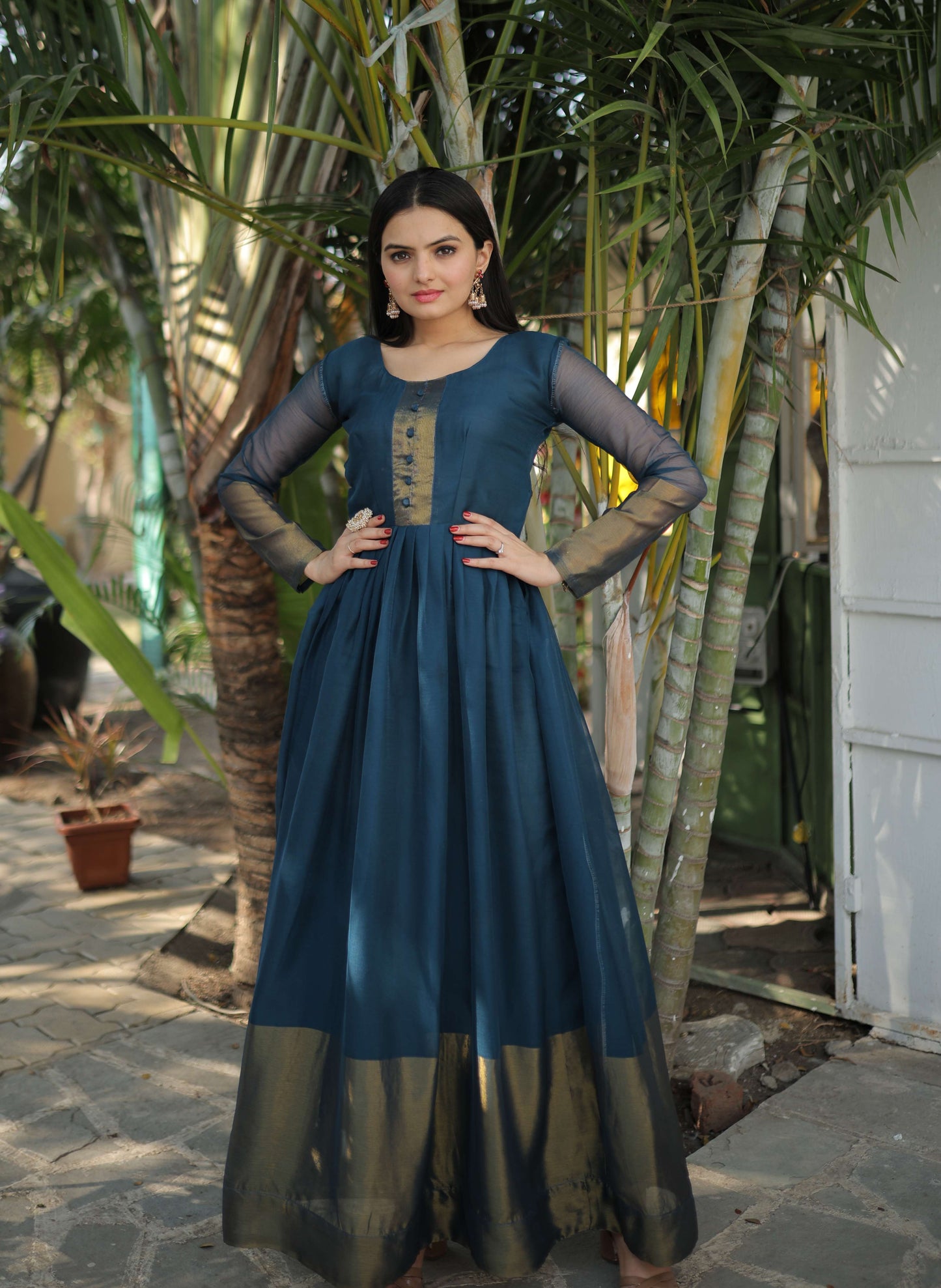 Rama Elegant Chiffon Designer Gown with Golden Zari Patta  Premium Ready-to-Wear Dress