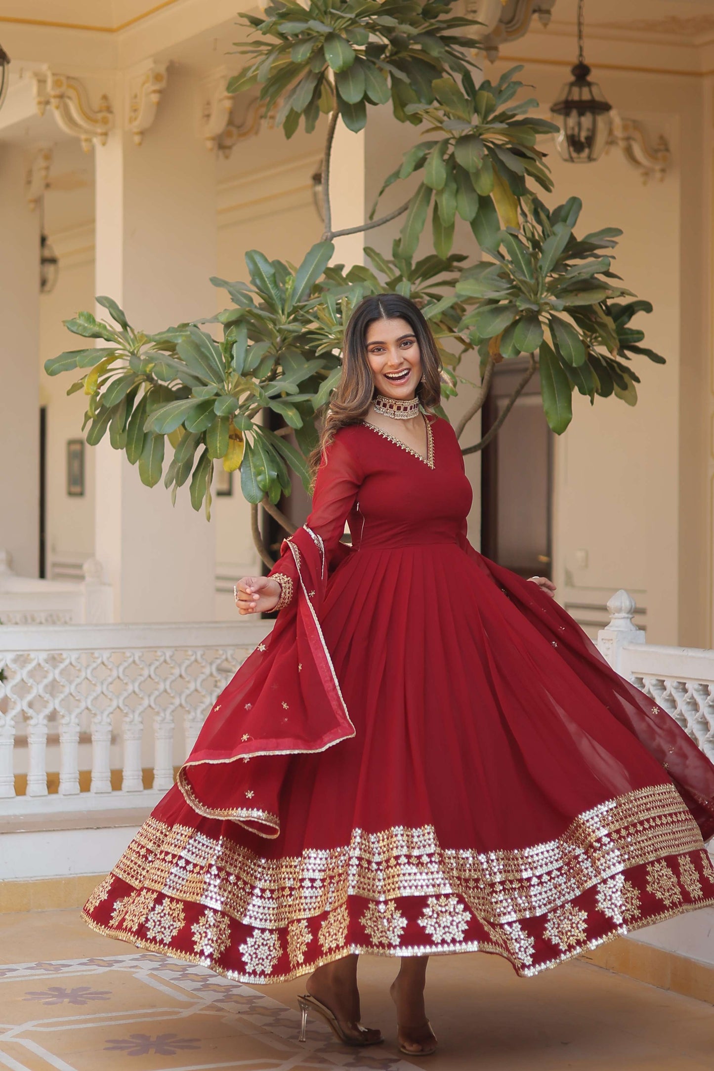 Maroon Faux Blooming Gown with Sequined Dupatta  Elegant Fully Flared Party & Wedding Set