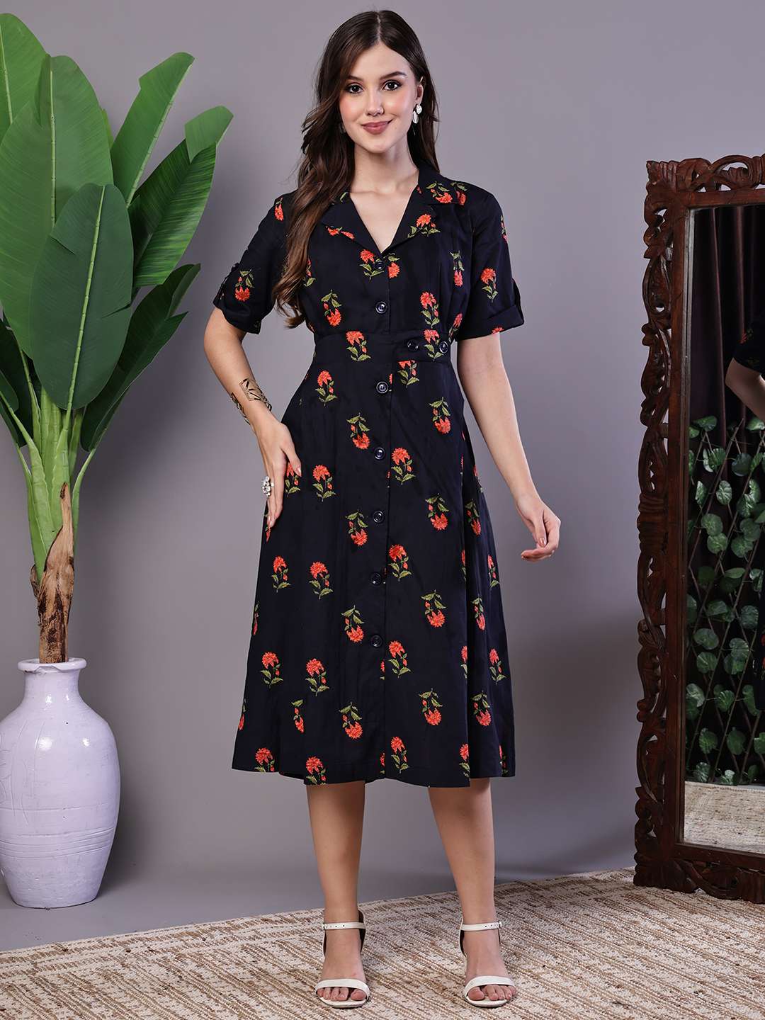 Women's Elegant Indigo & Orange Floral Block Print Cotton Shirt Dress