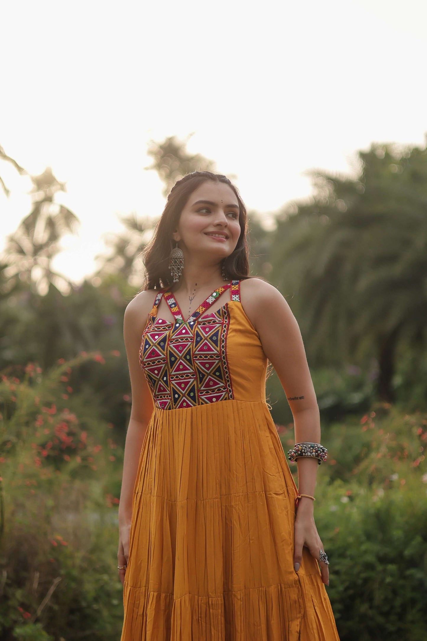 Yellow Navratri Reyon Gown with Kutchi Gamthi Work  Fully Flared Designer Dress