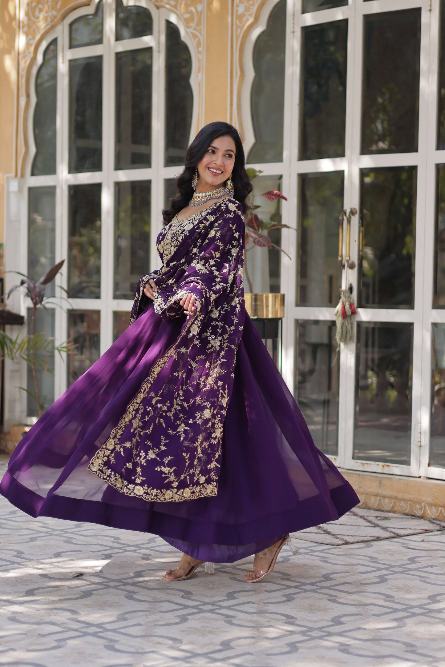 Puple Premium Faux Blooming Embroidered Gown with Dupatta